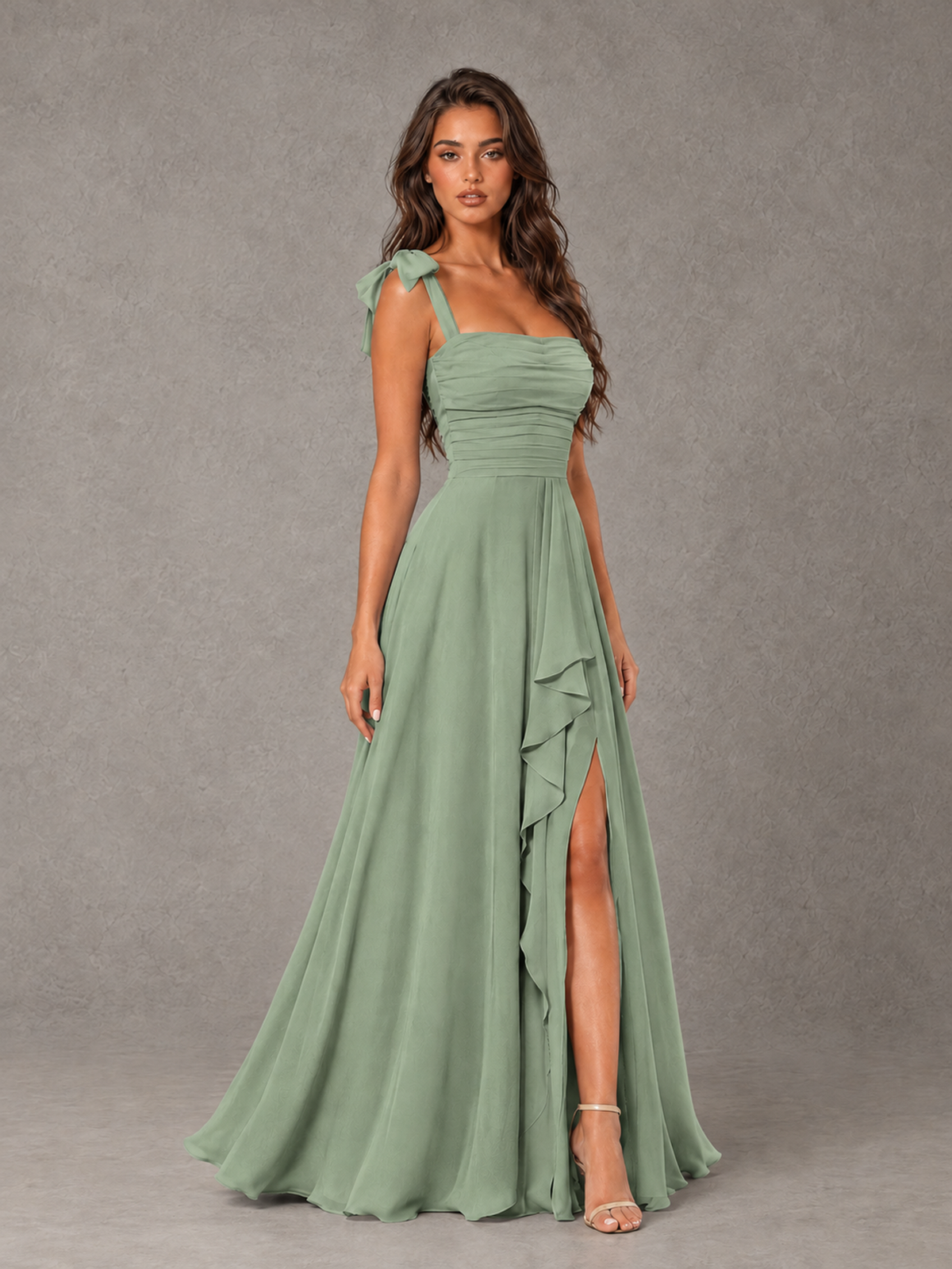 BOLODOO Sage Green Bow-Strap Bridesmaid Dress with Ruffle Slit - Sage Green - Sage Green (3)