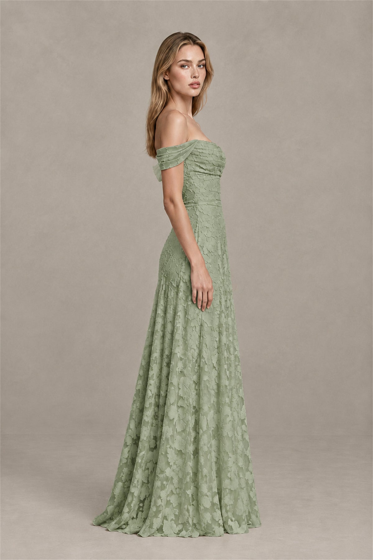 BOLODOO Sage Green Off-Shoulder Pleated A-Line Maxi Dress Floral - Sage Green