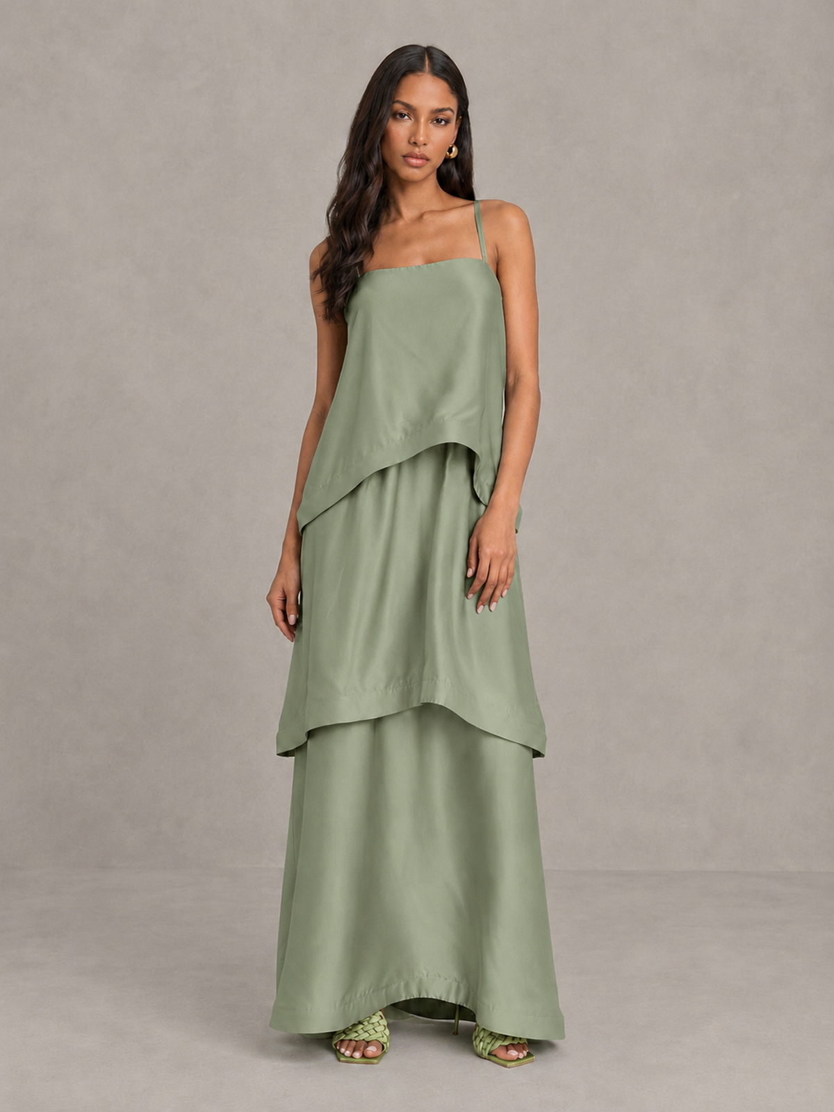 BOLODOO Sage Green Satin Tiered Maxi Dress with Spaghetti Straps - Sage Green