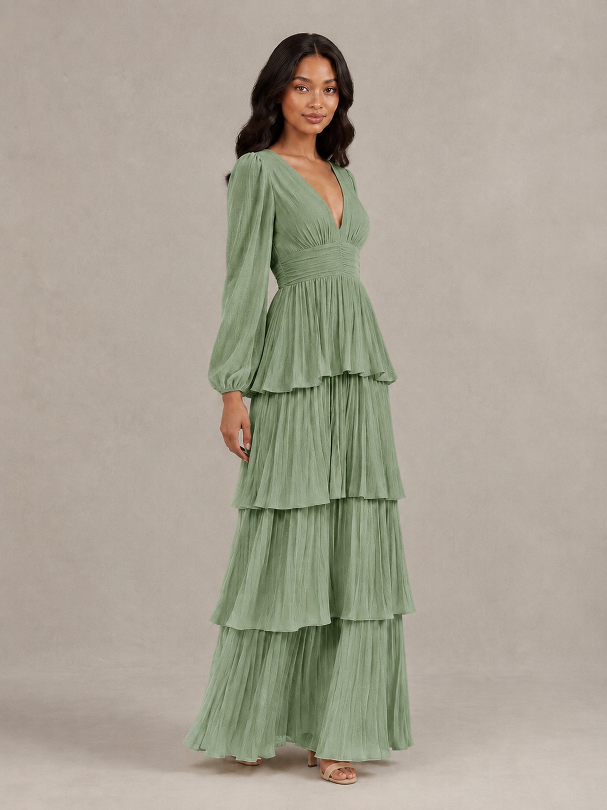 BOLODOO Sage Green Long-Sleeve Tiered Maxi Dress with Deep V-Neck - Sage Green