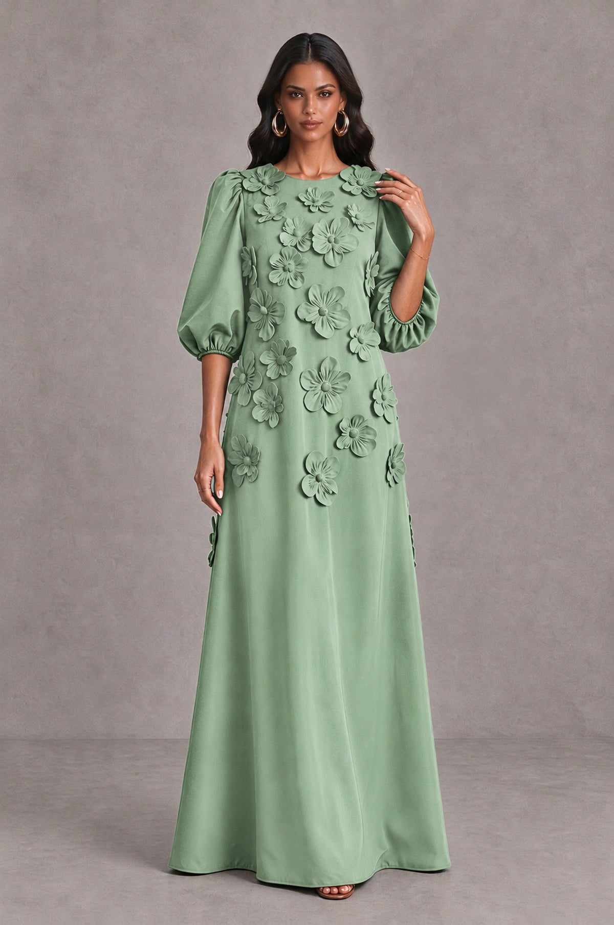 BOLODOO Sage Green Floral Applique Puff Sleeve A-Line Evening Dress - Sage Green - Sage Green (3)