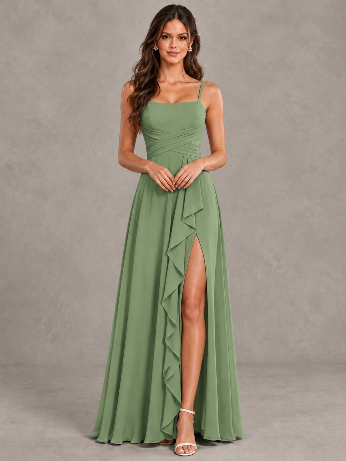 BOLODOO Sage Green Spaghetti Strap Ruffle Bridesmaid Dress with Slit - Sage Green - Sage Green (3)