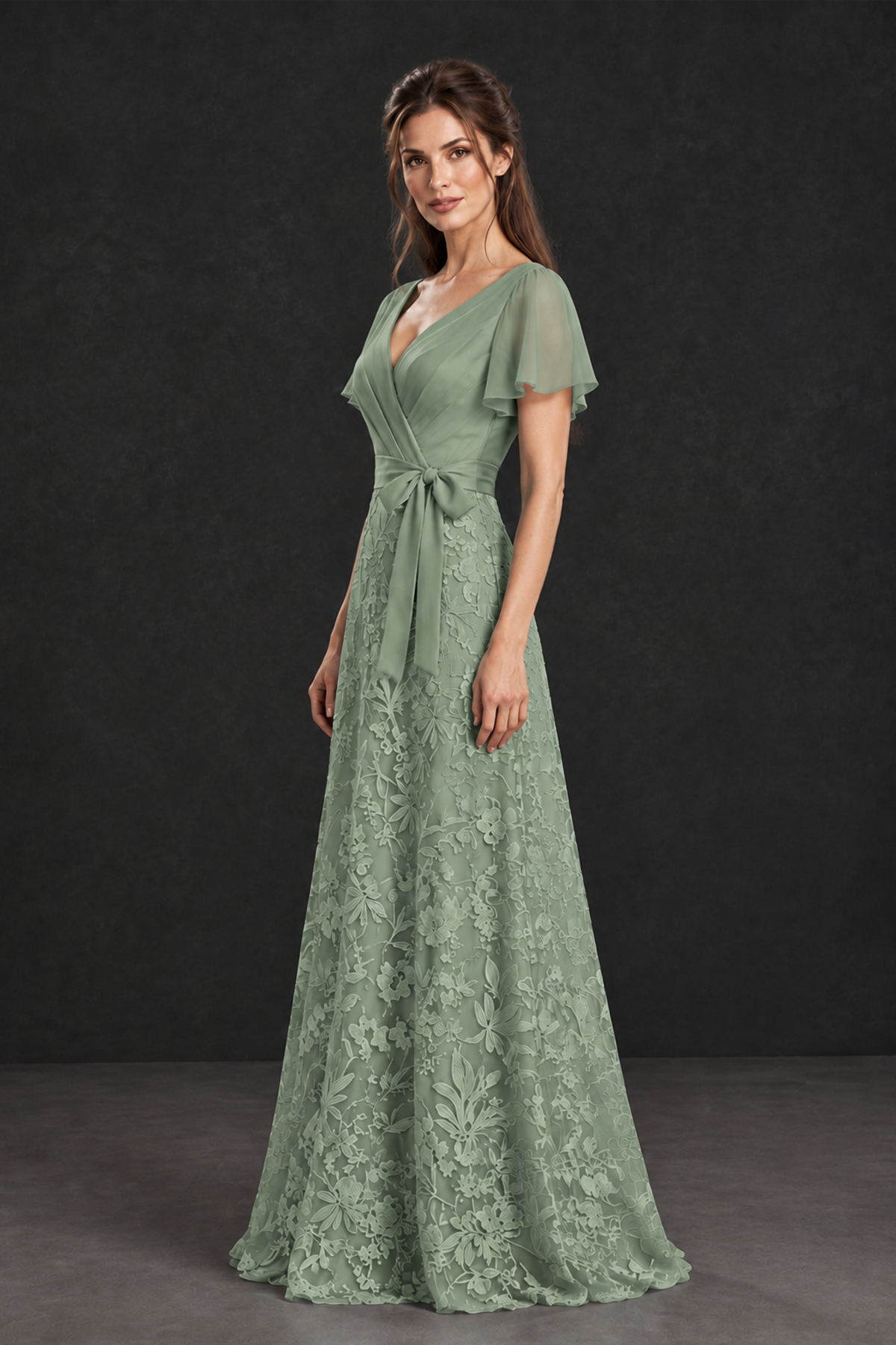 BOLODOO Sage Green Flutter Sleeve Lace Mother of the Bride Dress - Sage Green