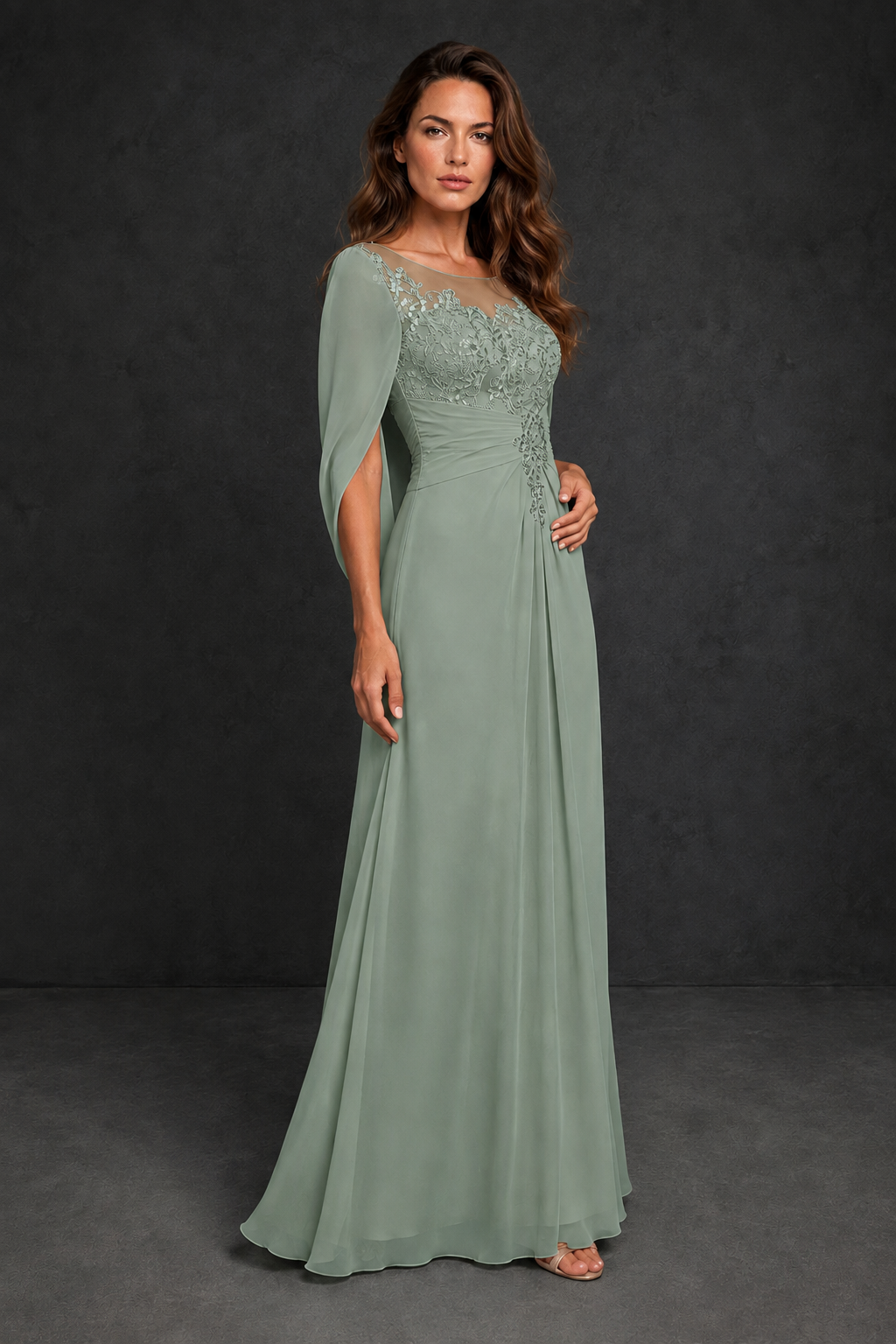 BOLODOO Sage Green Illusion Lace One-Side Cape Sleeve Beaded Chiffon Floor Length Gown | Mother of the Bride Evening Dress - Sage Green