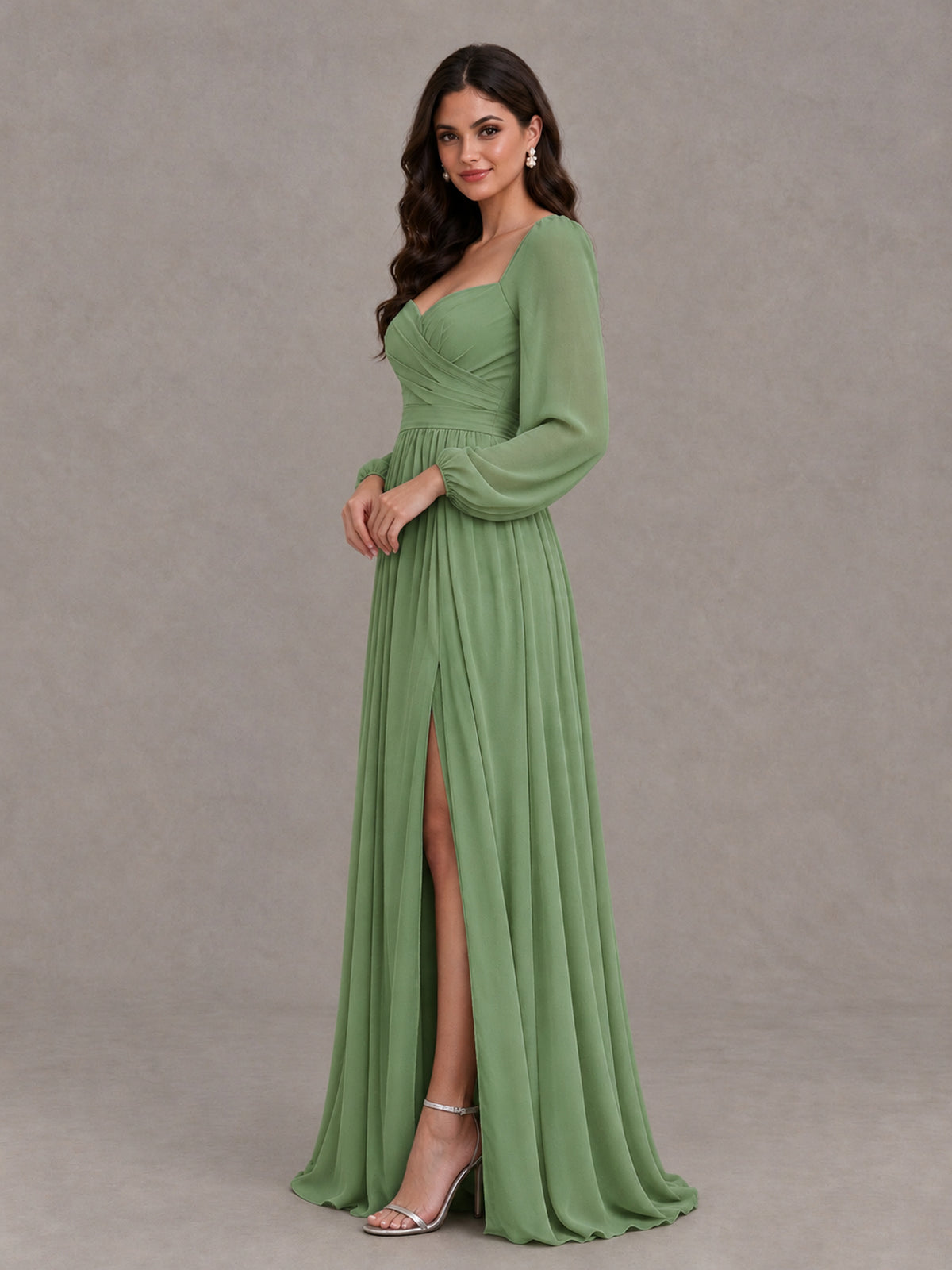BOLODOO Sage Green Long Sleeve Chiffon Bridesmaid Dress with Slit - Sage Green - Sage Green (3)