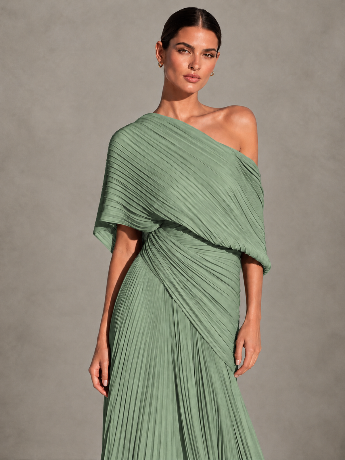 BOLODOO Sage Green One-Shoulder Pleated Cape Evening Gown with Train - Sage Green - Sage Green (3)