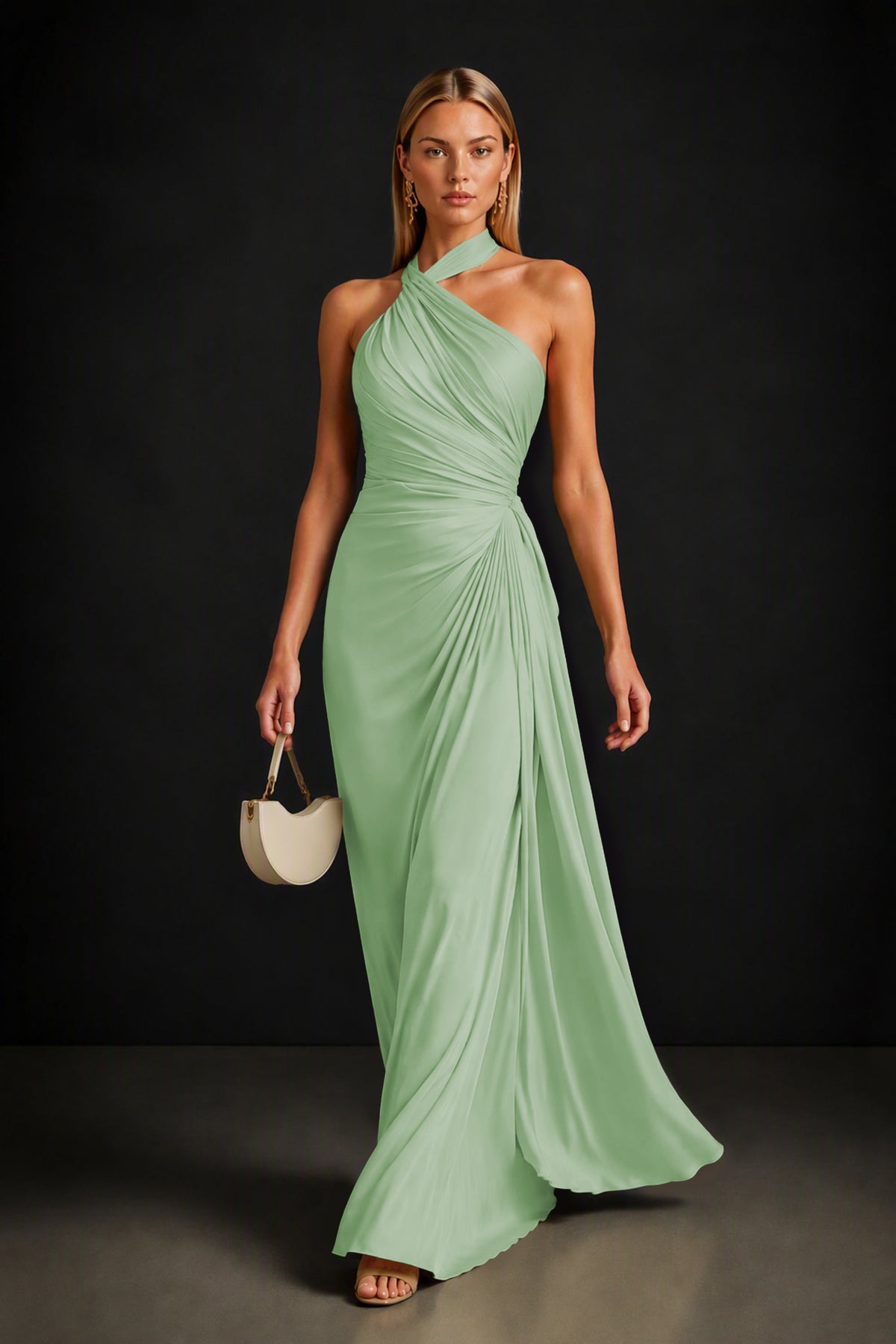BOLODOO Sage Green Twisted Halter Neck Ruched Sleeveless Open Back Floor-Length Gown - Sage Green