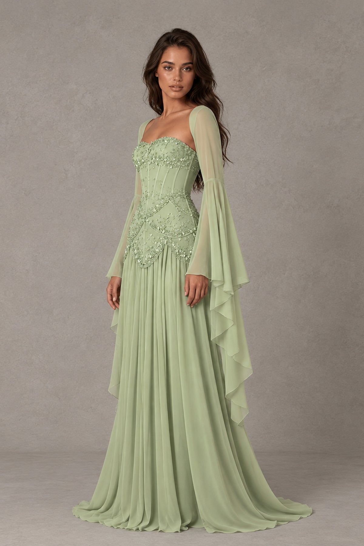 BOLODOO Sage Green Embellished Corset Gown with Long Bell Sleeves - Sage Green