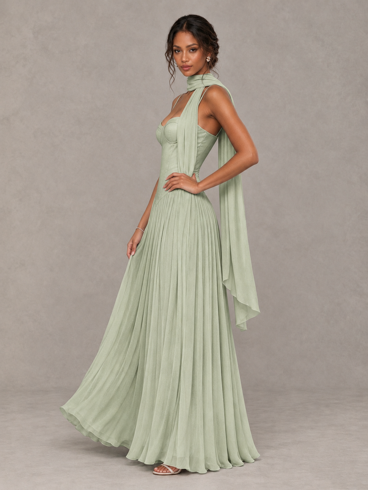 BOLODOO Sage Green Corset Bridesmaid Dress with Scarf - Sage Green - Sage Green (3)