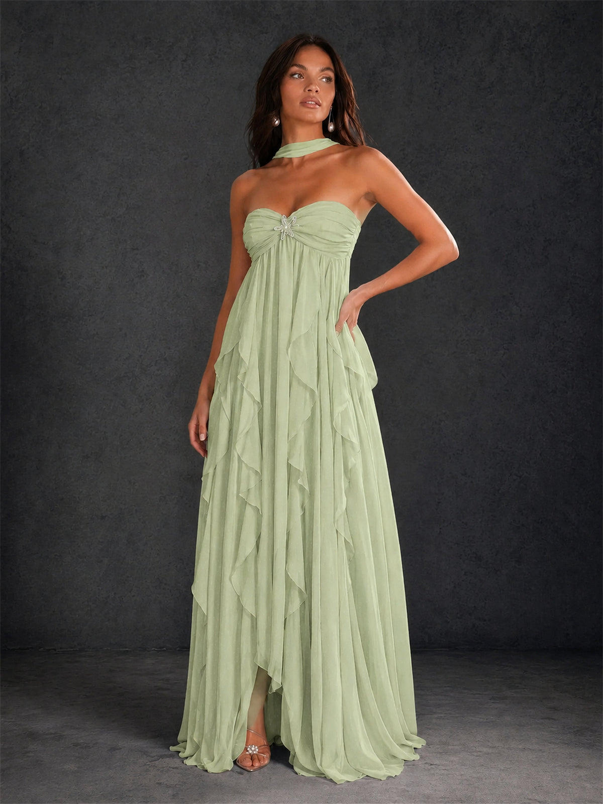 BOLODOO Sage Green Halter Neck Cascading Ruffle Chiffon Maxi Dress | Keyhole Open Back - Sage Green
