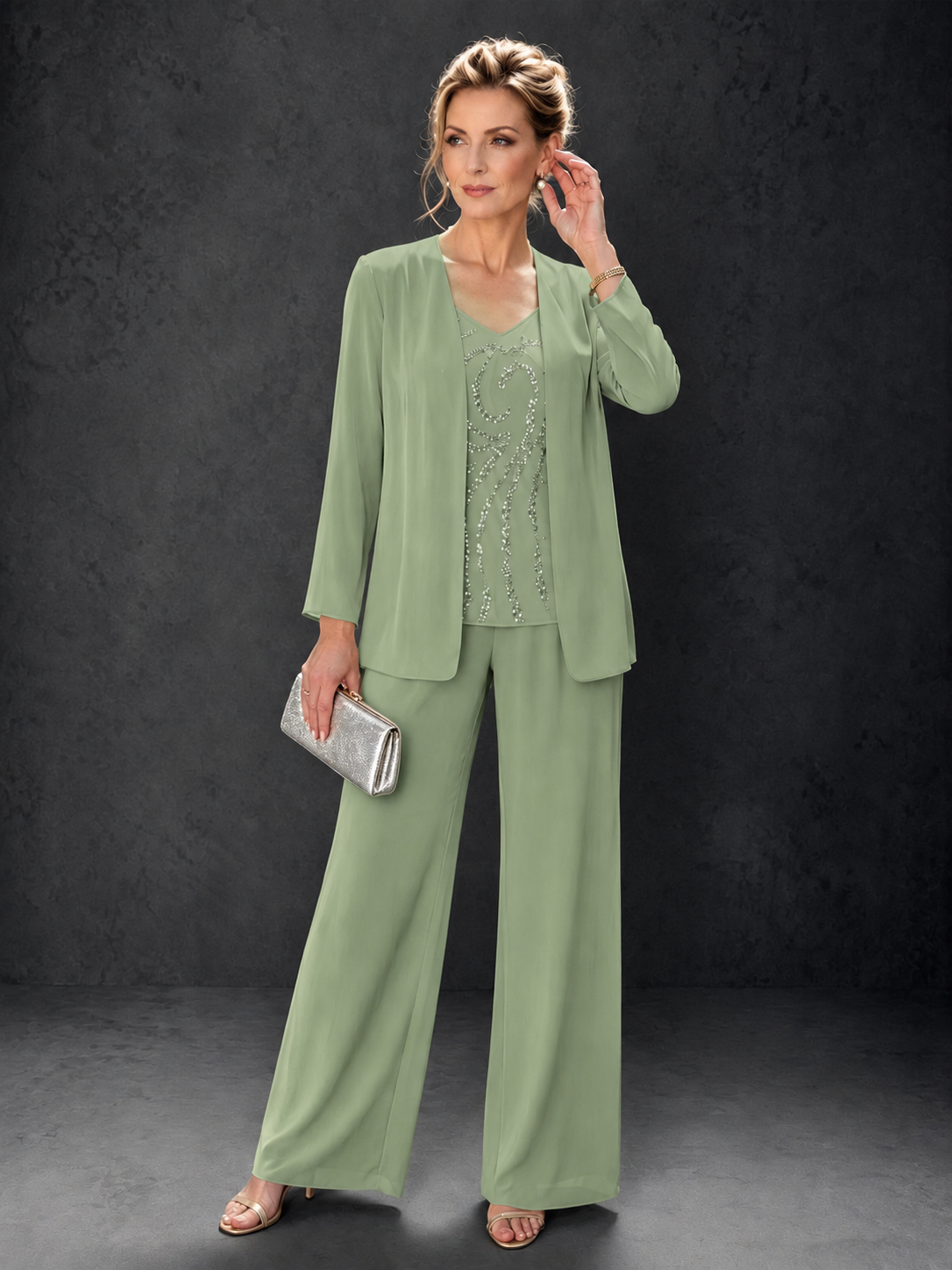 BOLODOO Sage Green 3-Piece Mother of the Bride Pant Suit with Beaded Top & Chiffon Jacket - Sage Green