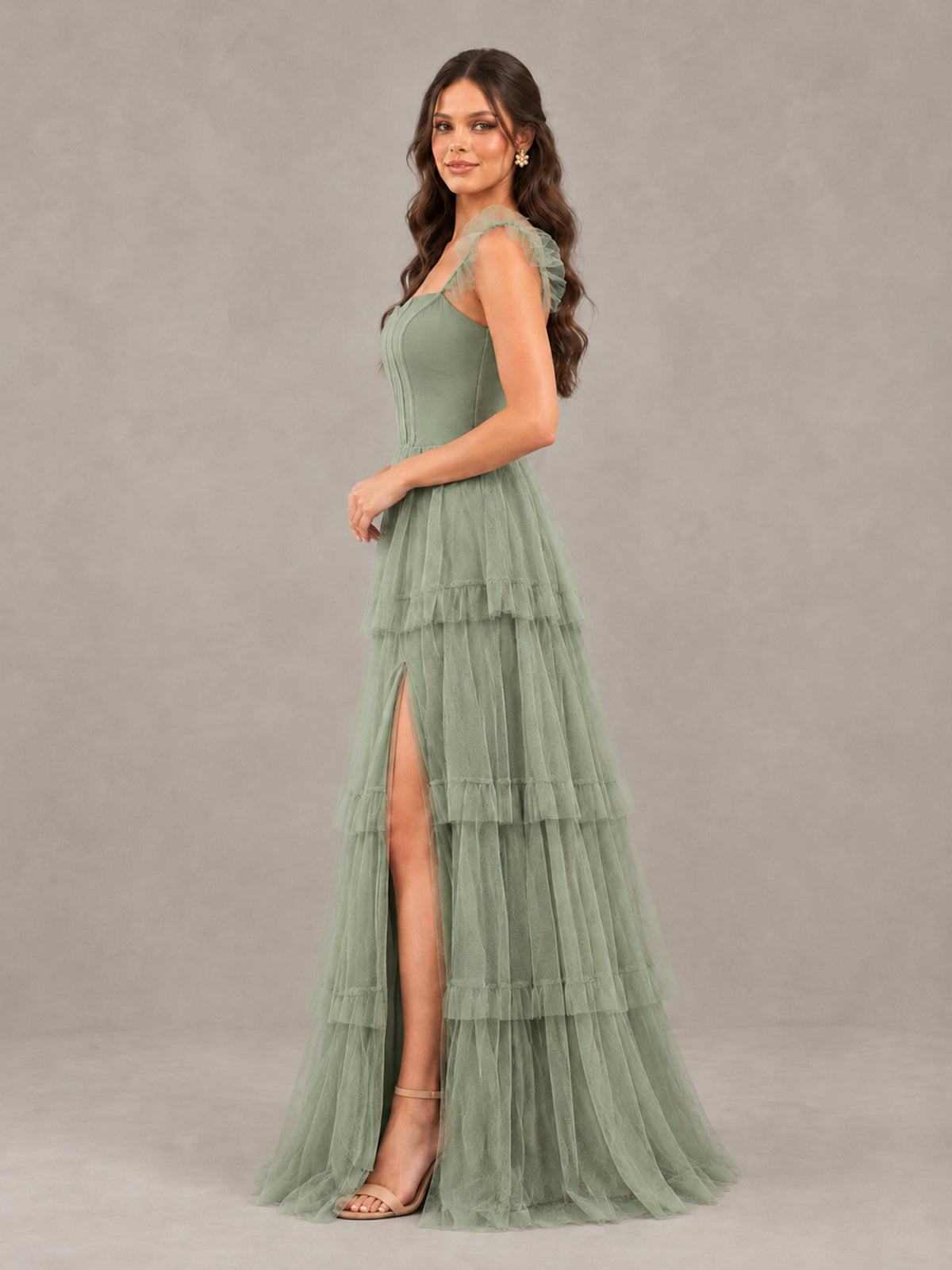 BOLODOO Sage Green Tiered Tulle Bridesmaid Dress with Slit - Sage Green - Sage Green (3)