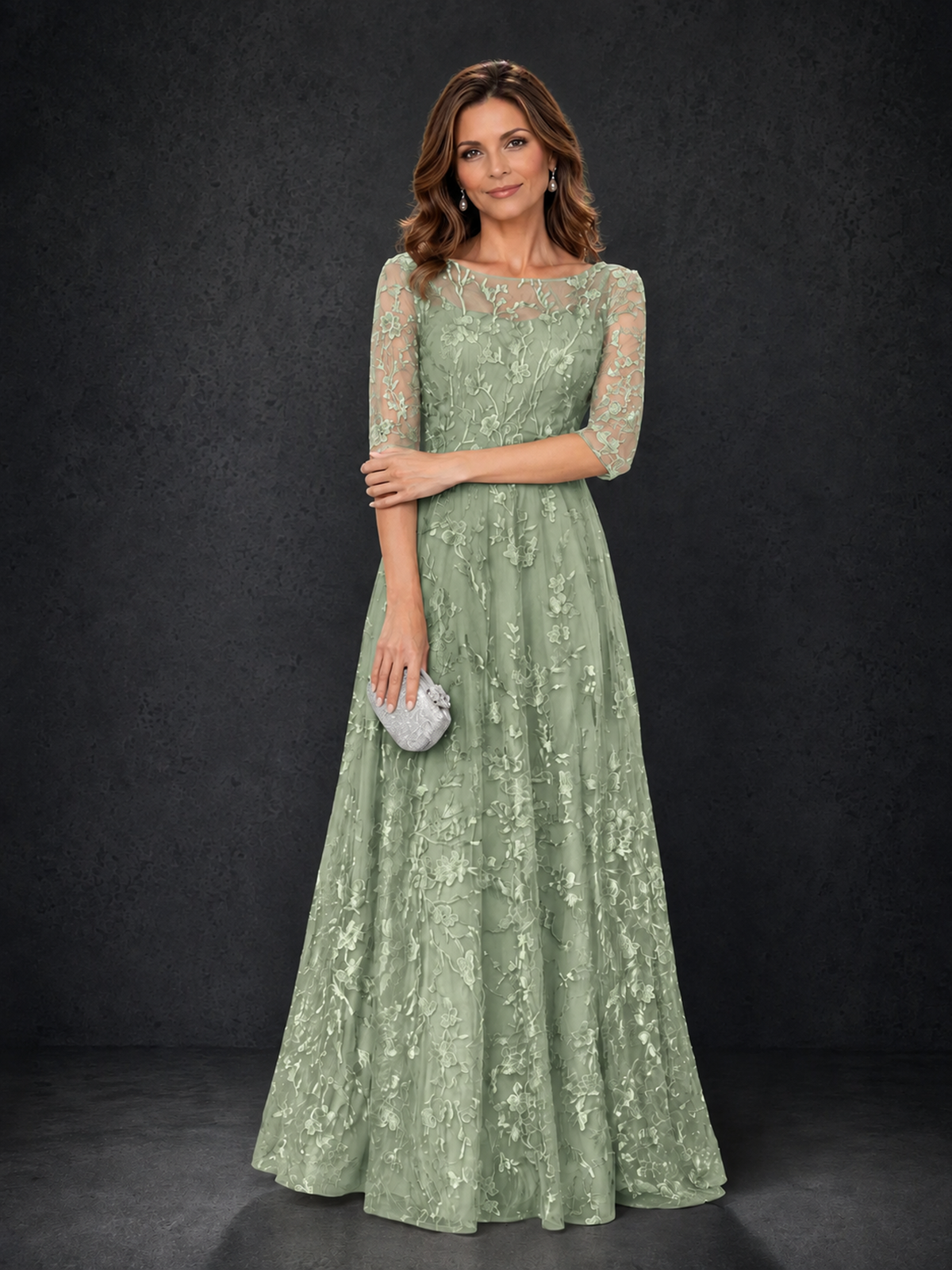 BOLODOO Sage Green Illusion Bateau Neck 3/4 Sleeve Floral Lace A-Line Mother of the Bride Dress MX007 - Sage Green