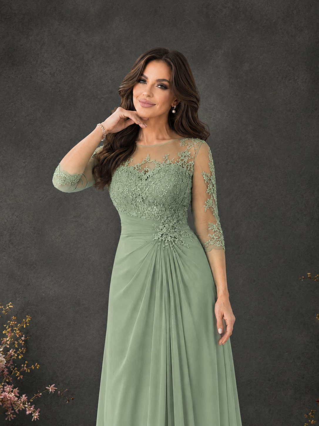 BOLODOO Sage Green Chiffon Lace Illusion Neckline 3/4 Sleeve Floor Length Formal Gown - Sage Green