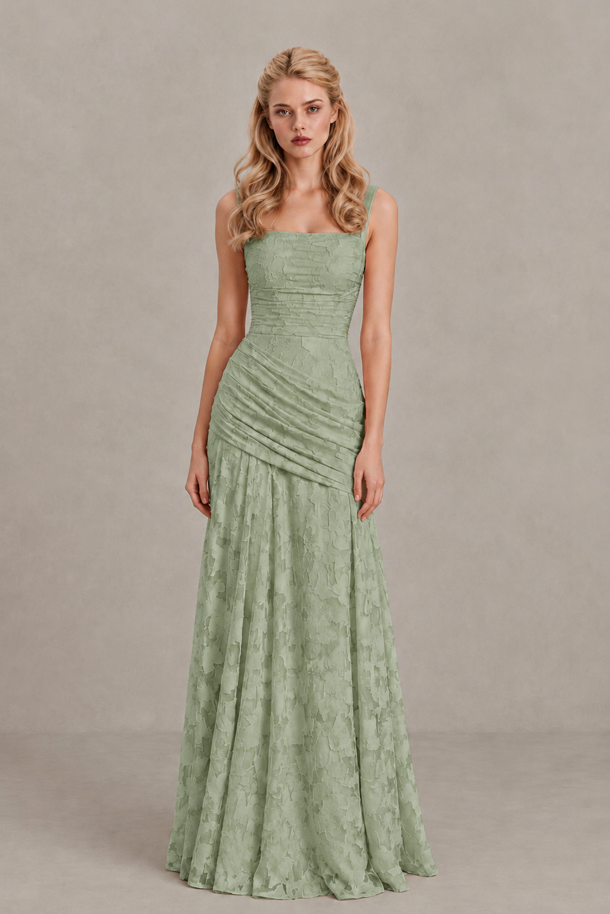 BOLODOO Sage Green Ruched Floral Maxi Dress with Lace-Up Back - Sage Green