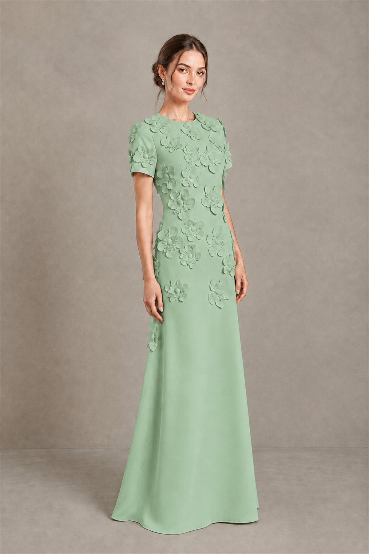 BOLODOO Sage Green Textured Floral Maxi Dress with Short Sleeves - Sage Green