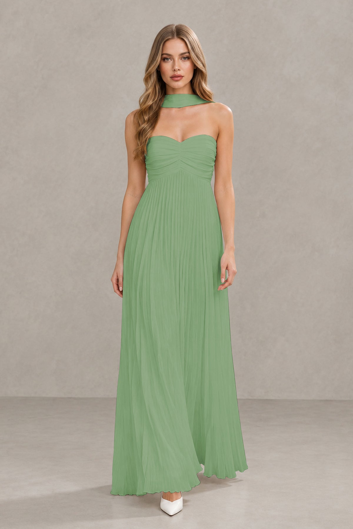 BOLODOO Sage Green Strapless Chiffon-Look Maxi Dress with Lace-Up Back & Cape - Sage Green