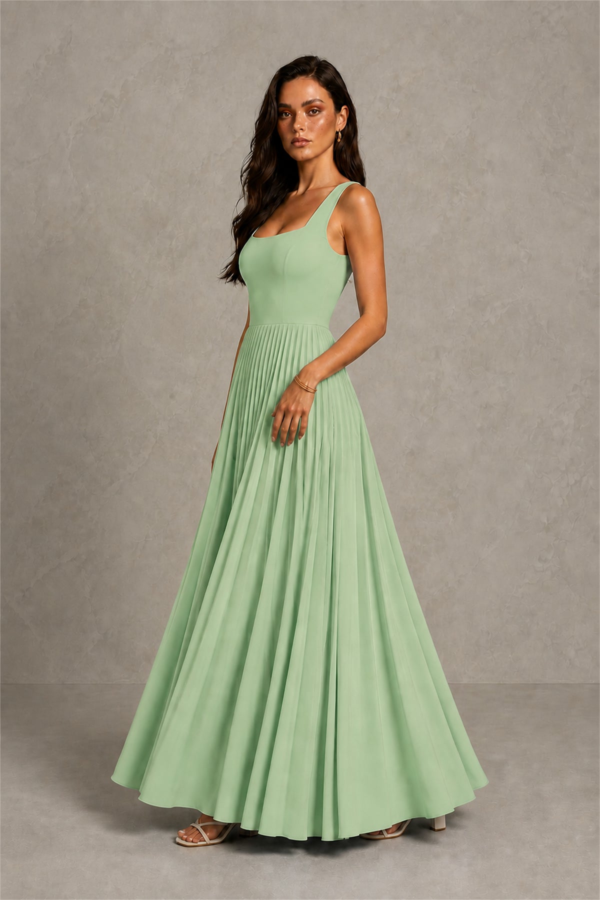 BOLODOO Sage Green Square Neck Wide Strap Lace-Up Back Pleated A-Line Chiffon Maxi Dress - Sage Green