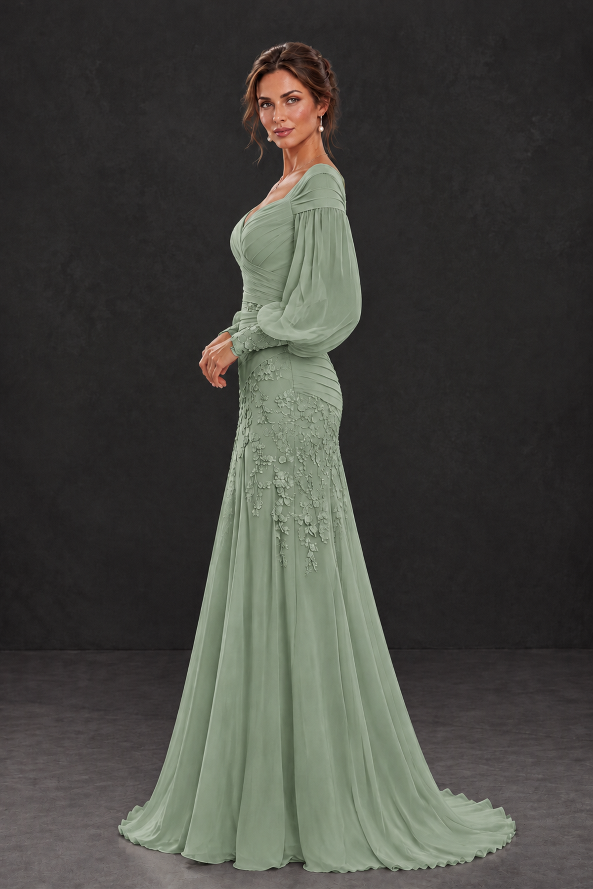 BOLODOO Sage Green Long Sleeve Mother of the Bride Dress with Floral Appliqués - Sage Green - Sage Green (3)
