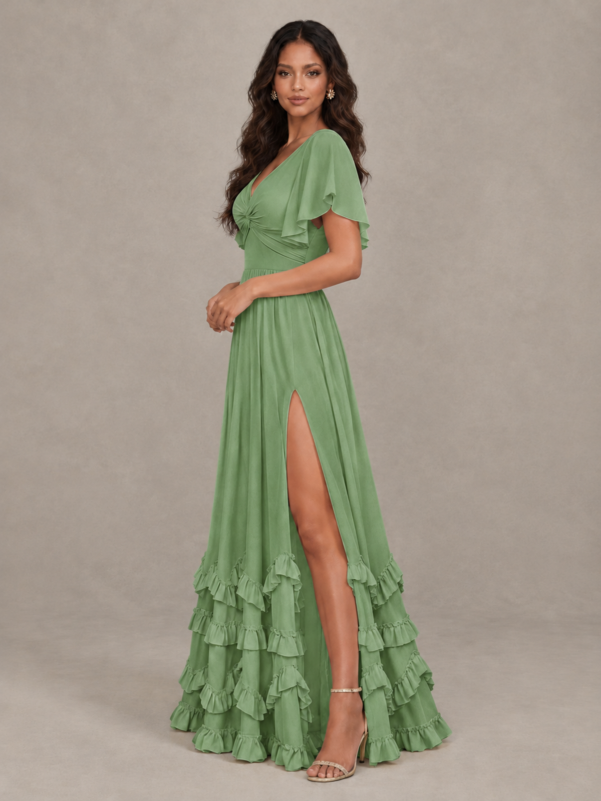 BOLODOO Sage Green V-Neck Flutter Sleeve Ruffle Bridesmaid Dress with Slit - Sage Green - Sage Green (3)