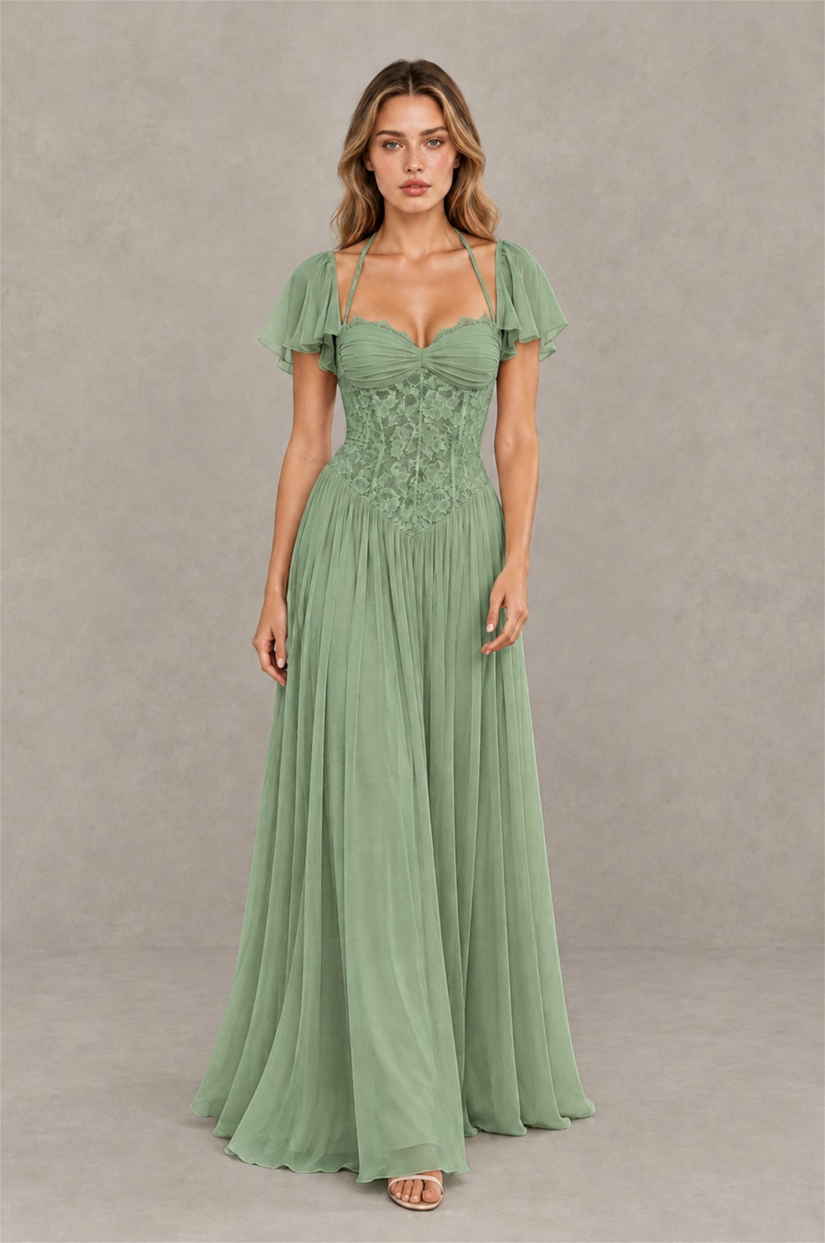 BOLODOO Sage Green Flutter Sleeve Lace Corset A-Line Maxi Dress - Sage Green - Sage Green (3)