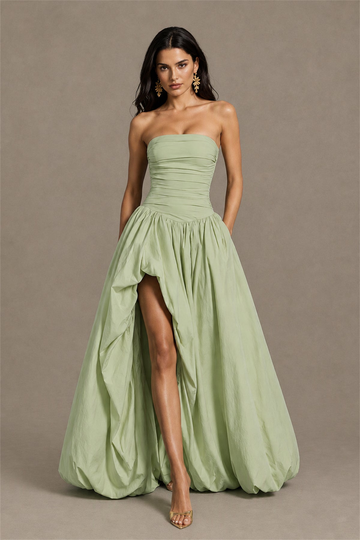 BOLODOO Sage Green Strapless Ruched Corset Lace-Up Back Bubble Skirt High Slit Taffeta Maxi Dress - Sage Green