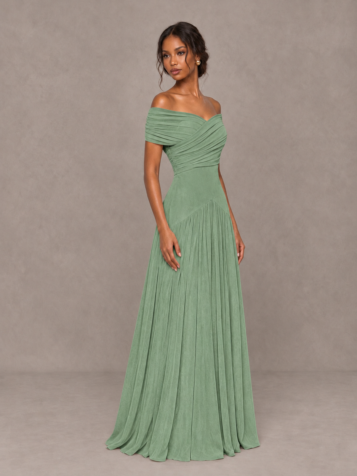 BOLODOO Sage Green Off-Shoulder Ruched A-Line Bridesmaid Dress - Sage Green - Sage Green (3)
