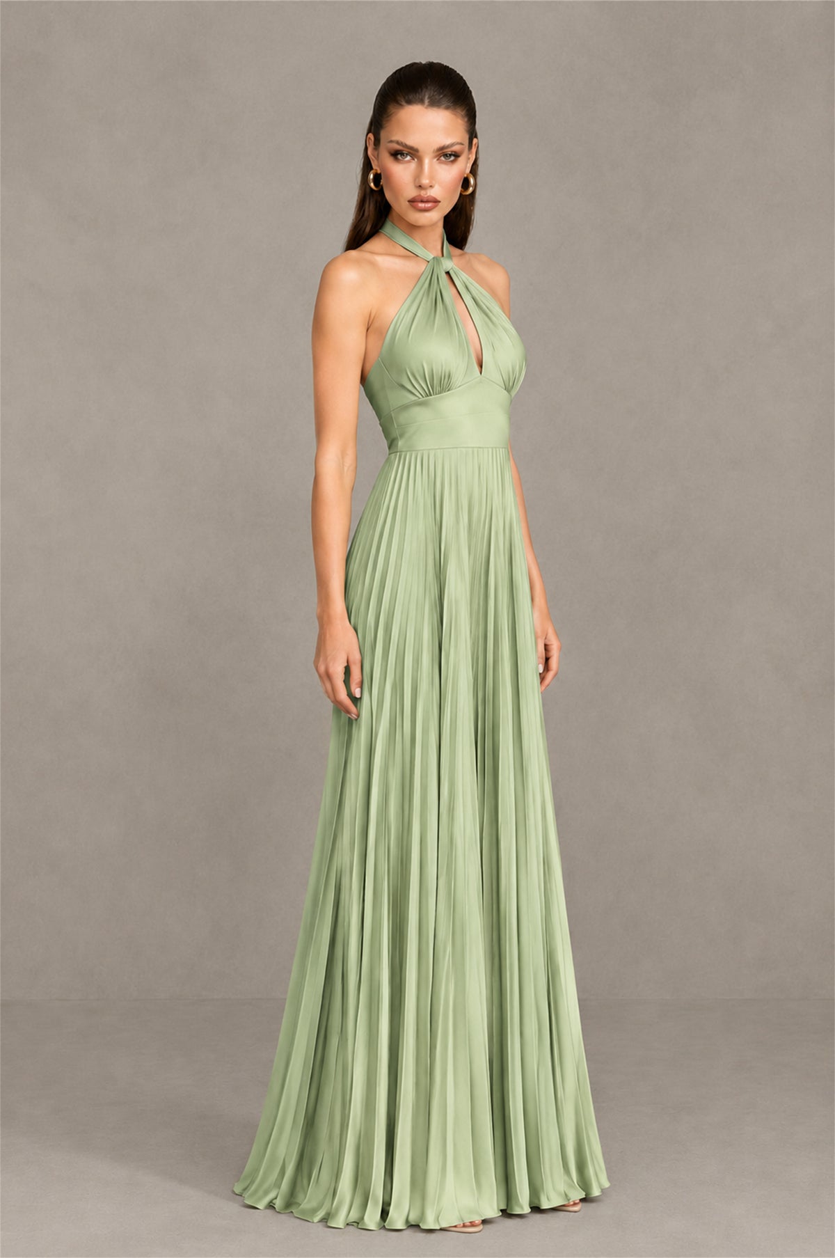 BOLODOO Sage Green Halter Pleated A-Line Evening Dress - Sage Green - Sage Green (3)