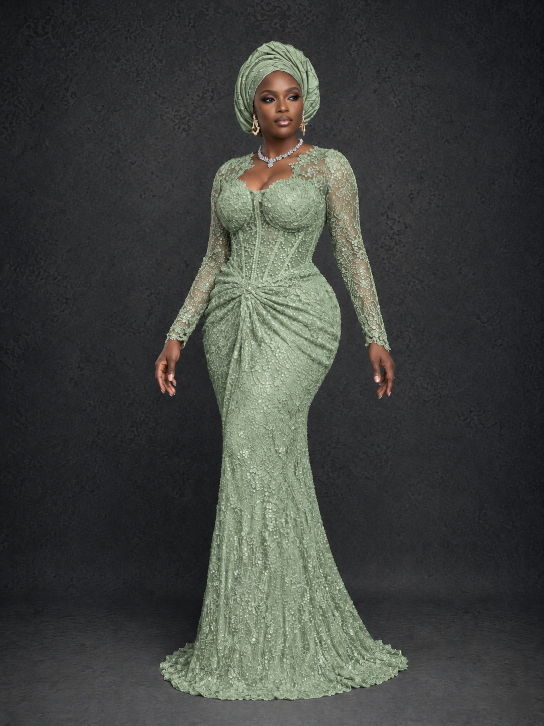 BOLODOO Sage Green Beaded Lace Long Sleeve Mermaid Gown Sweetheart | Mother of the Bride - Sage Green