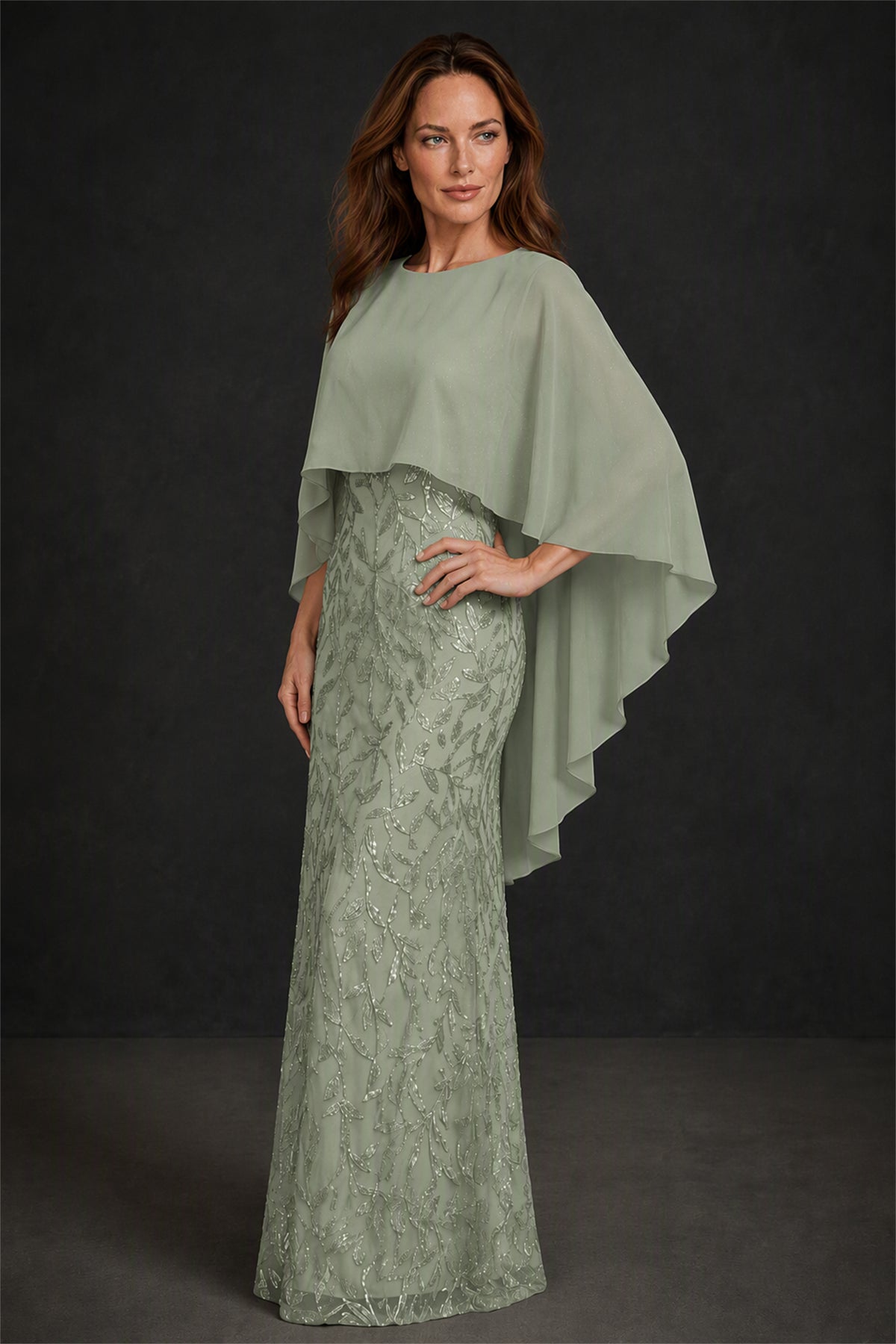 BOLODOO Sage Green Round Neck Chiffon Cape Overlay Sequin Lace Mermaid Maxi Dress - Sage Green
