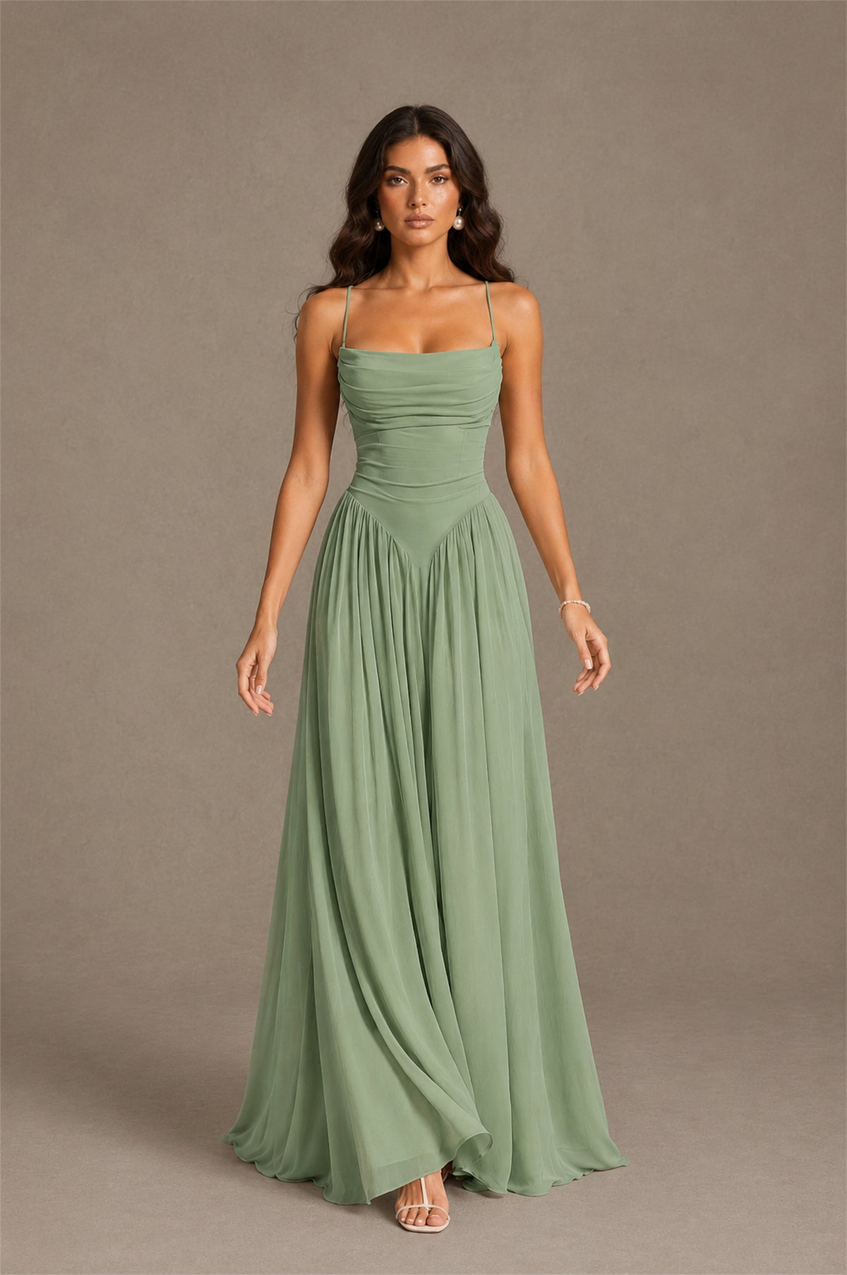 BOLODOO Sage Green Spaghetti Strap Square Neck Ruched Chiffon Maxi Dress with Lace-Up Back - Sage Green