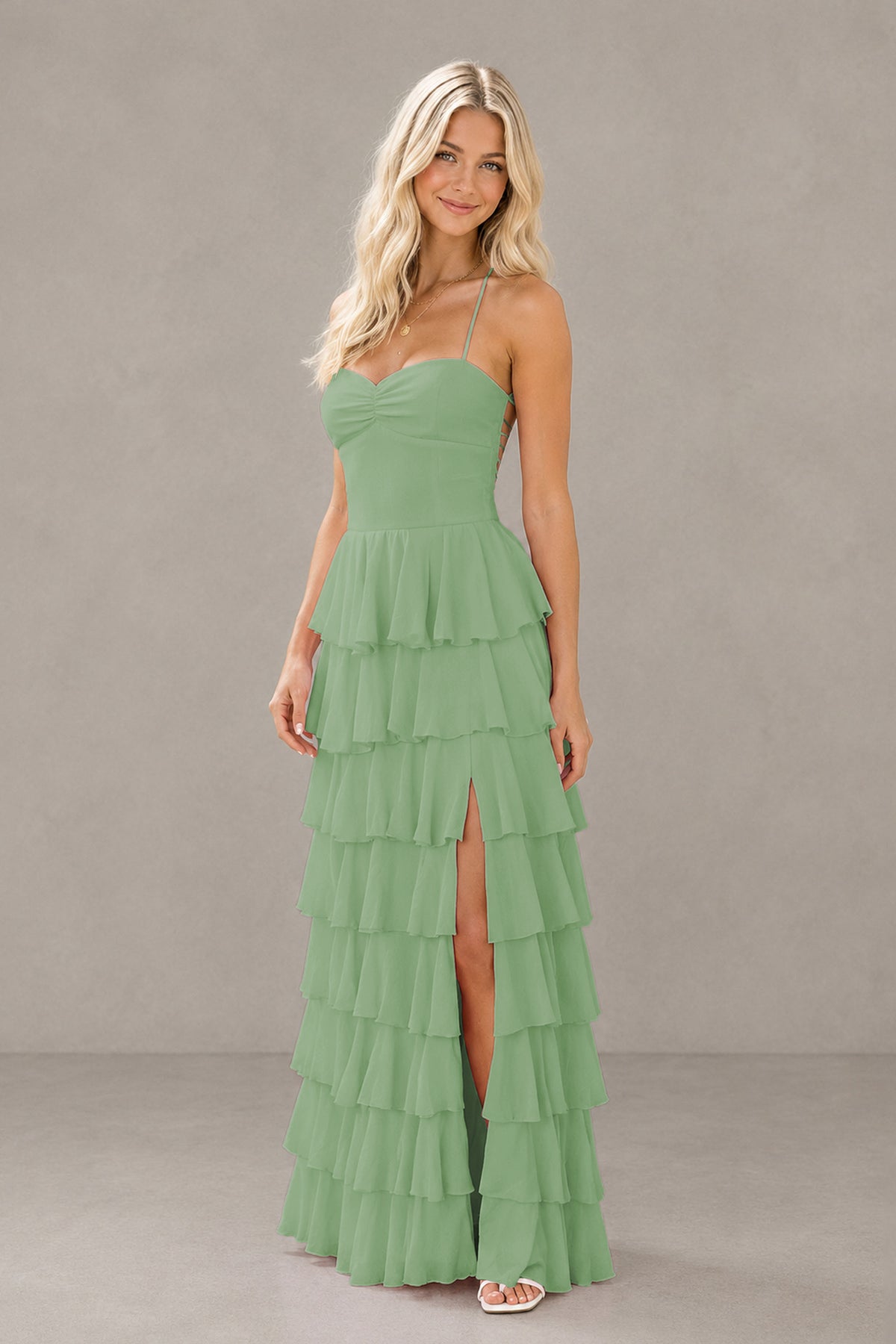 BOLODOO Sage Green Strapless Tiered Ruffle Maxi Dress with Slit & Lace-Up Back - Sage Green
