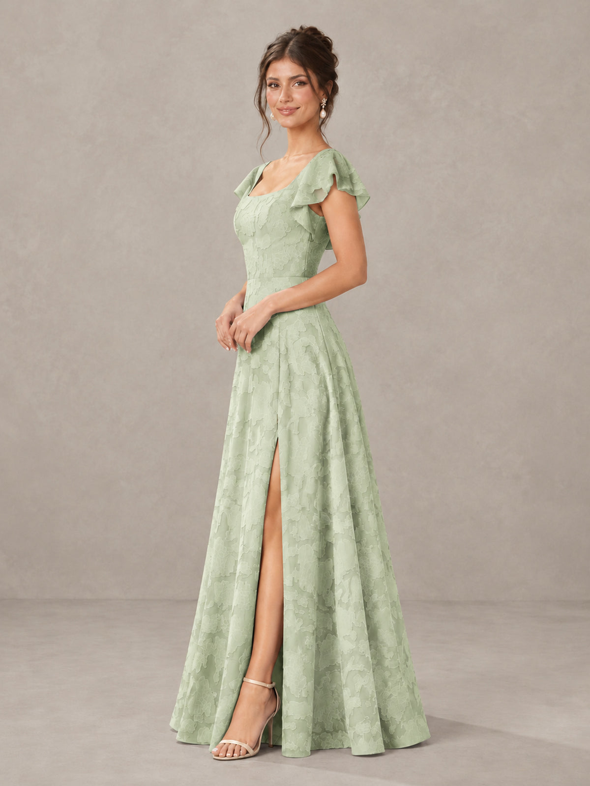 BOLODOO Sage Green Floral Flutter Sleeve Bridesmaid Dress with Slit - Sage Green - Sage Green (3)
