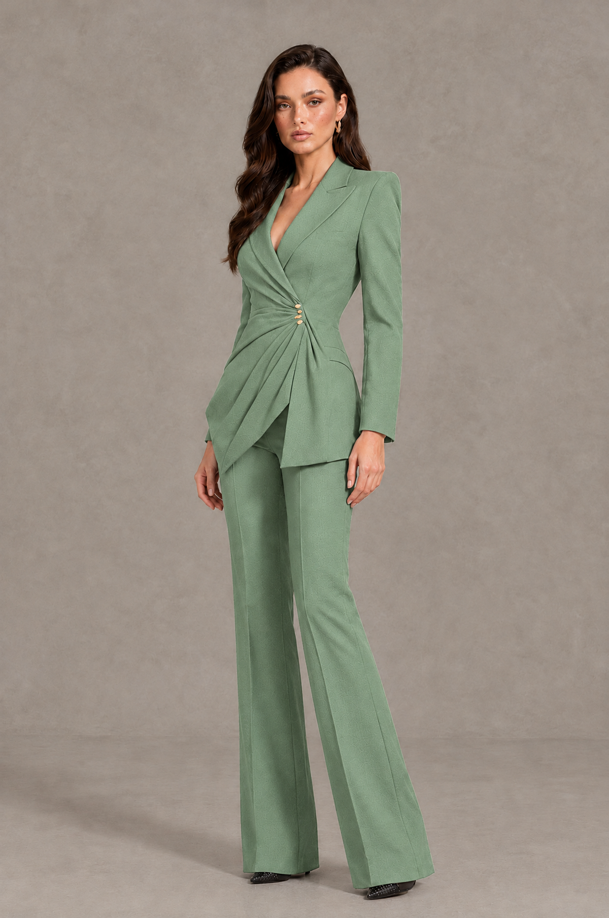 BOLODOO Sage Green Long Sleeve Wrap Blazer Pantsuit with Wide-Leg Trousers - Sage Green - Sage Green (3)