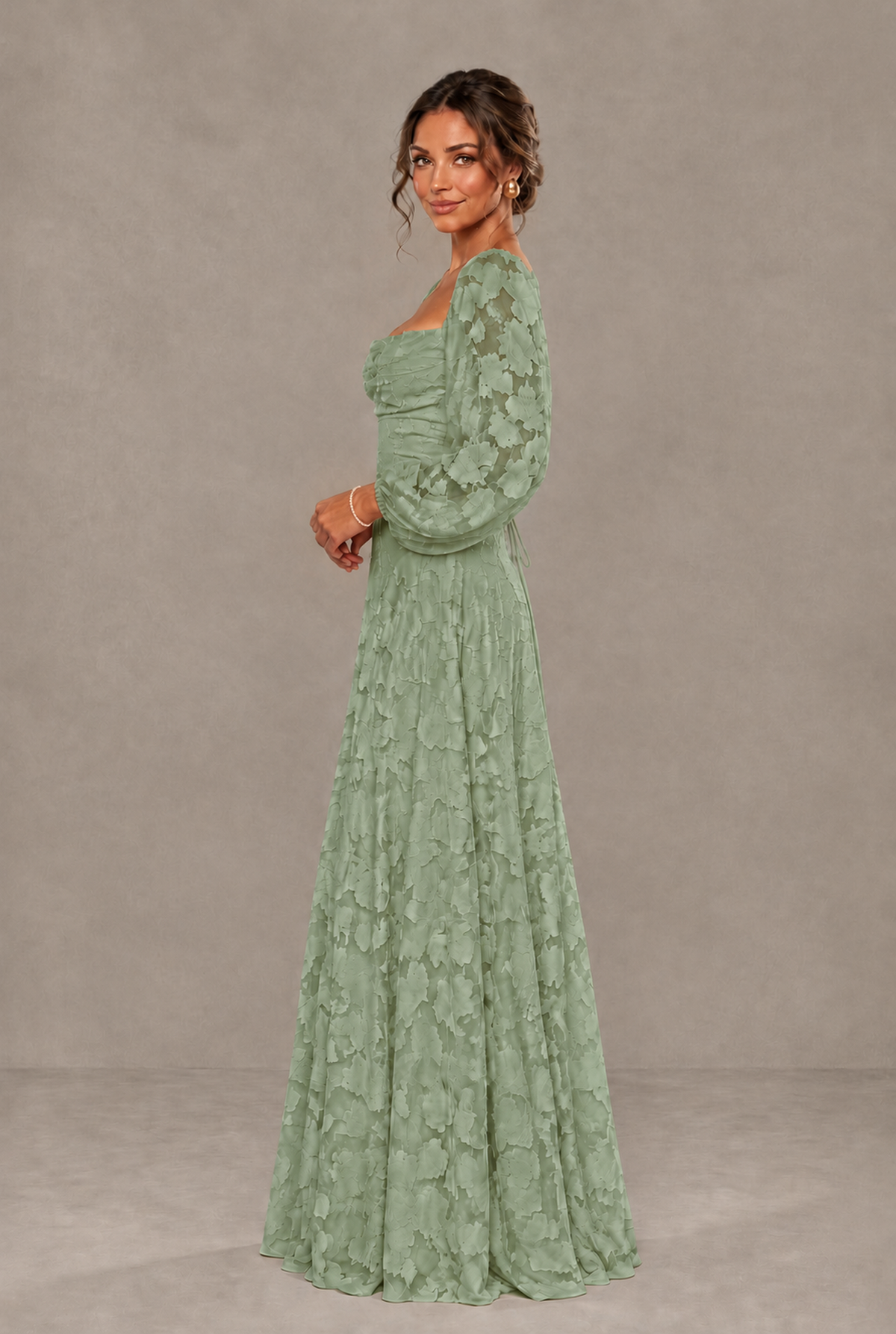 BOLODOO Floral Sage Green Long Sleeve A-Line Dress with Lace-Up Back - Sage Green