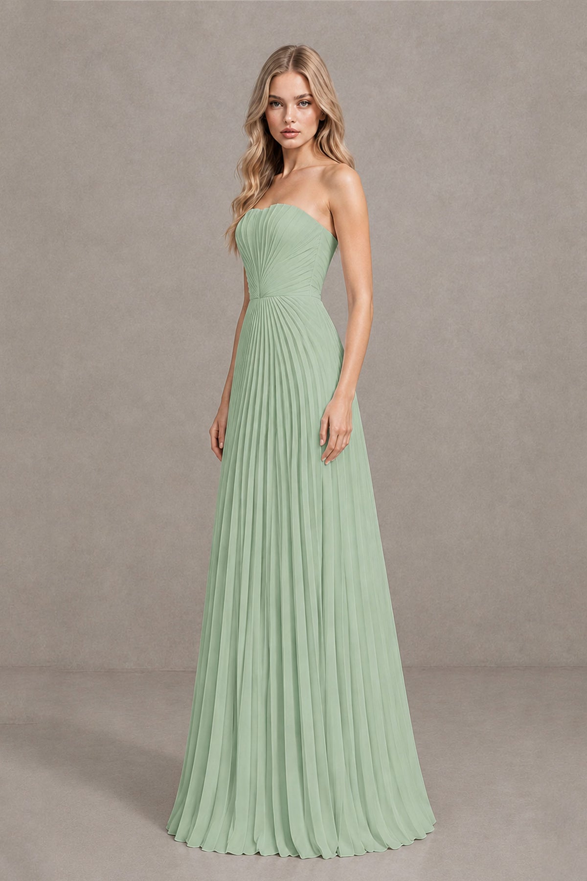 BOLODOO Sage Green Strapless Sunburst Pleated Twisted Knot Lace-Up Back Accordion Pleated Chiffon Maxi Dress - Sage Green
