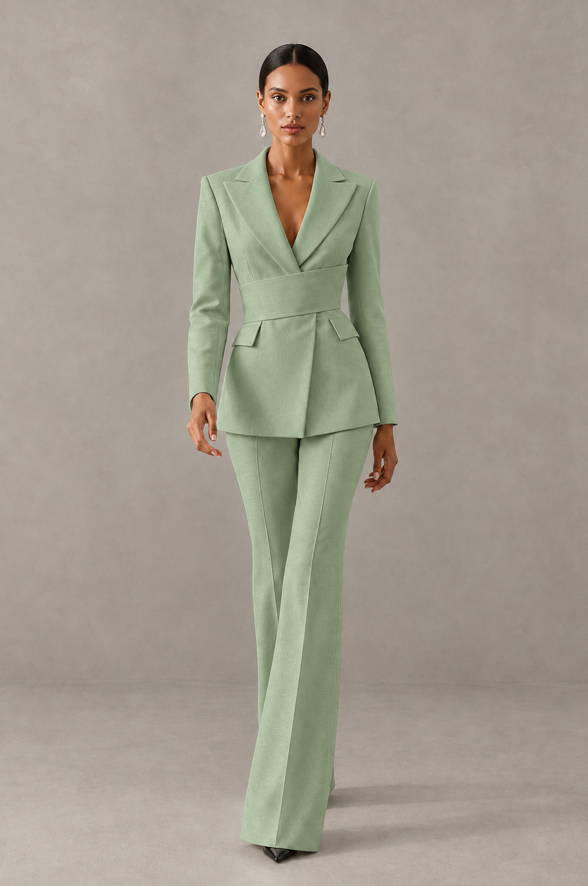 BOLODOO Sage Green Two-Piece Pantsuit with Tailored Blazer & Flared Pants - Sage Green - Sage Green (3)