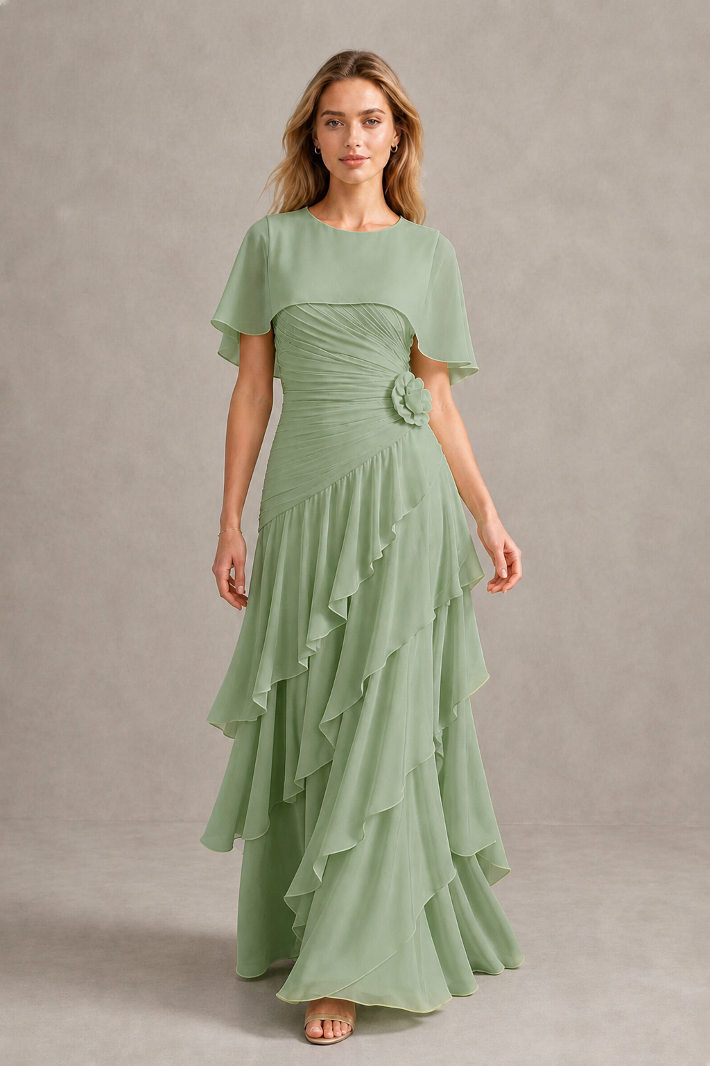 BOLODOO Sage Green Chiffon Flutter Sleeve Tiered Maxi Dress with 3D Rosette - Sage Green
