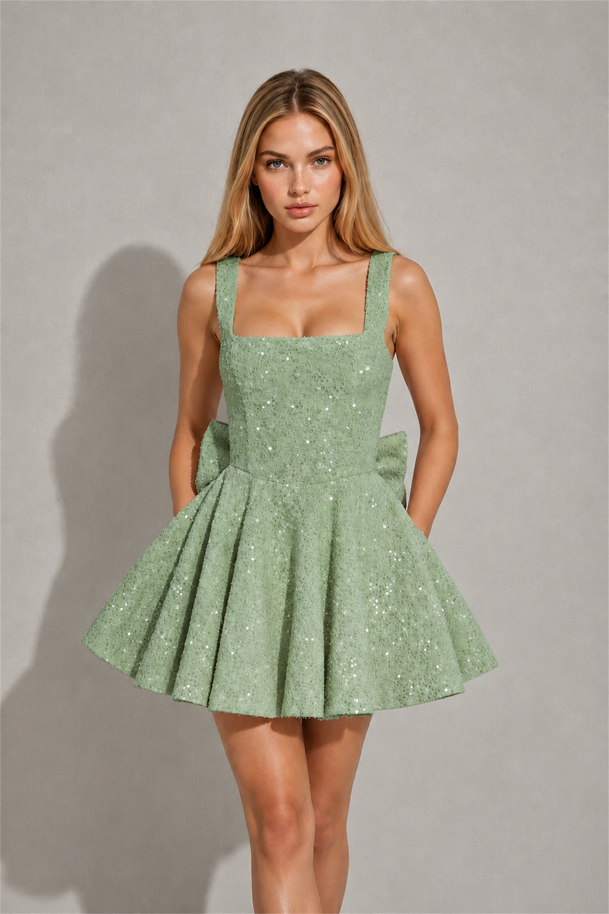 BOLODOO Sage Green Sequin Square Neck Wide Strap Bow Waist Open Back Fit and Flare Mini Dress | Prom Birthday Party Dress - Sage Green