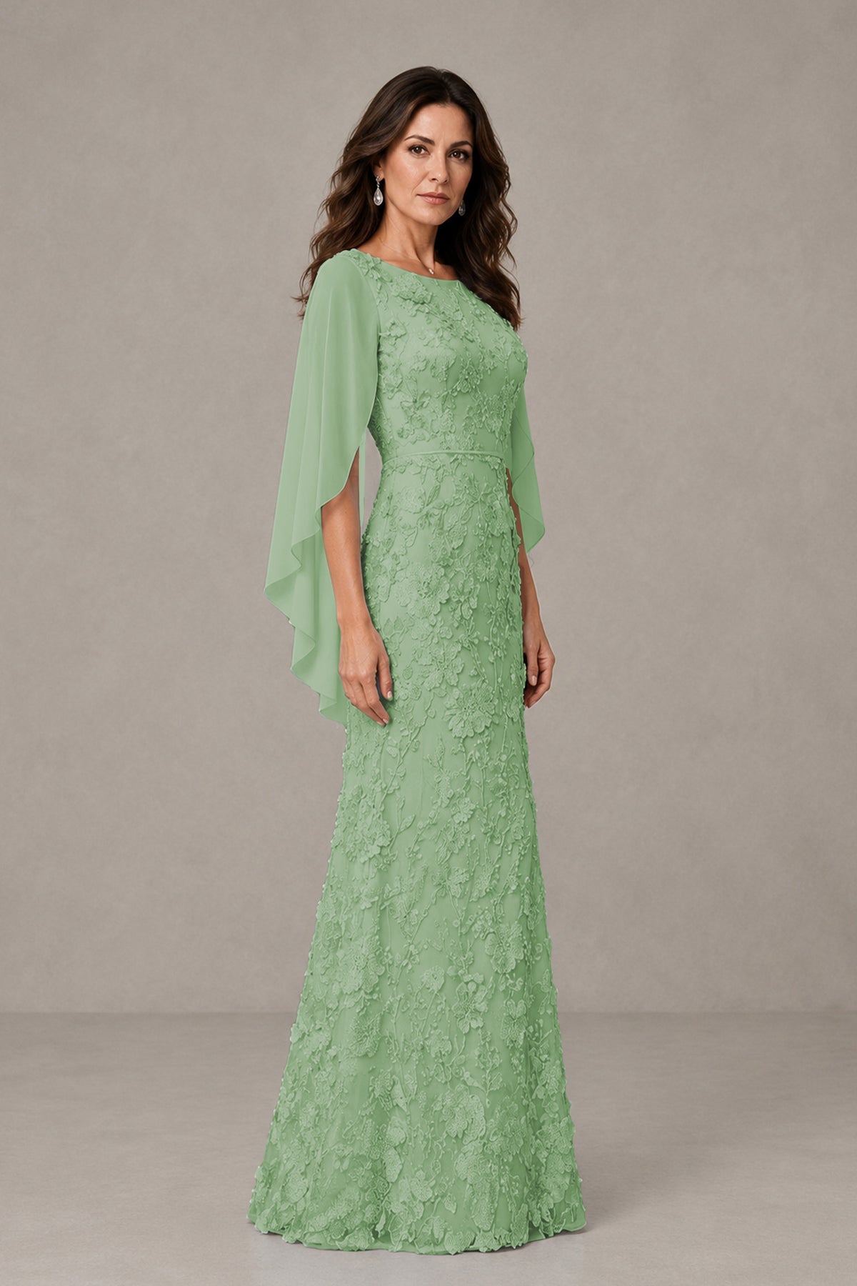 BOLODOO Sage Green Lace Mother of the Bride Dress with Cape Sleeves - Sage Green