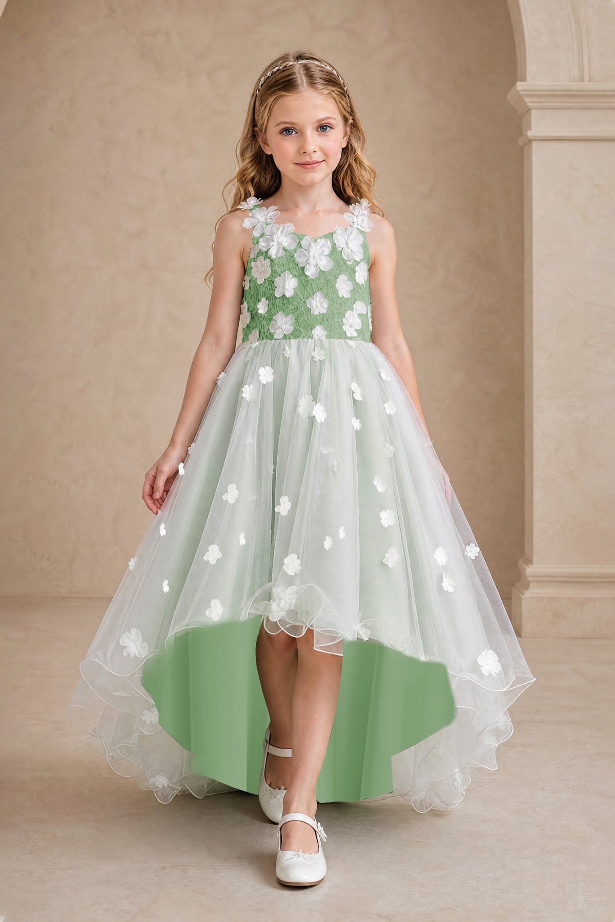 BOLODOO Sage Green Flower Girl Dress with Floral Appliqué and High-Low Tulle Skirt - Sage Green - Sage Green