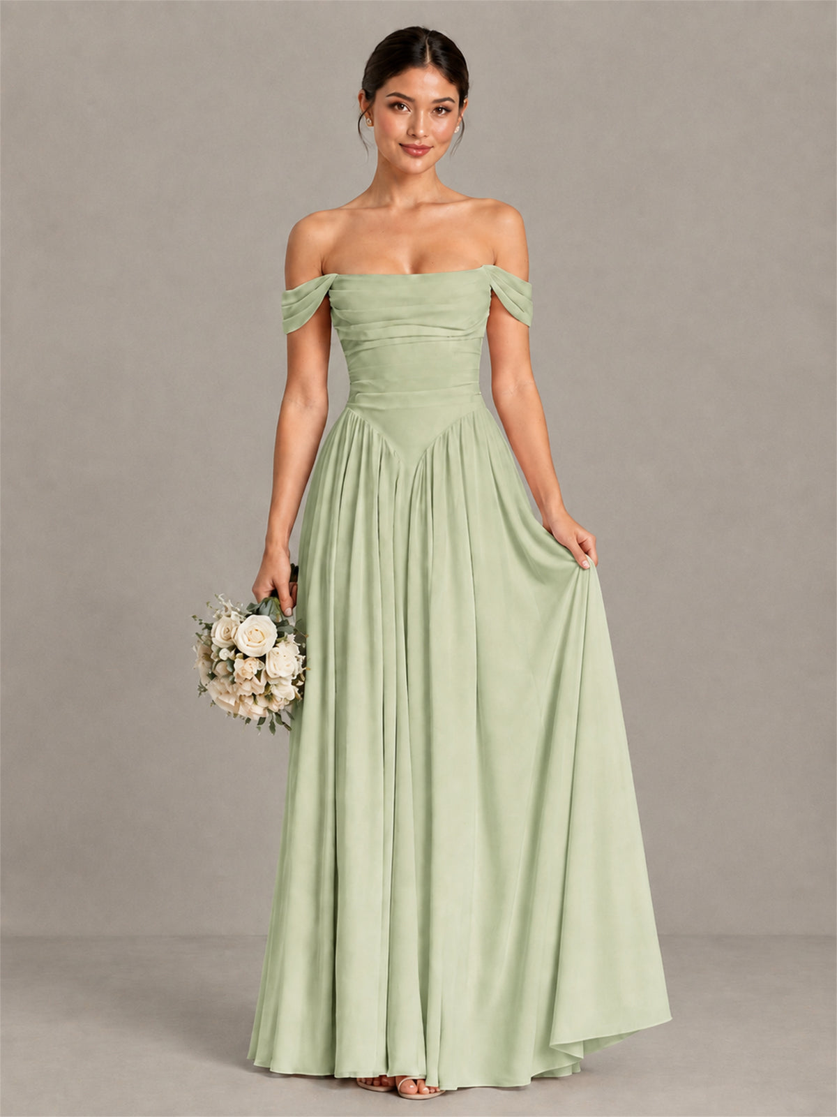BOLODOO Sage Green Off-Shoulder Chiffon A-Line Bridesmaid Dress - Sage Green