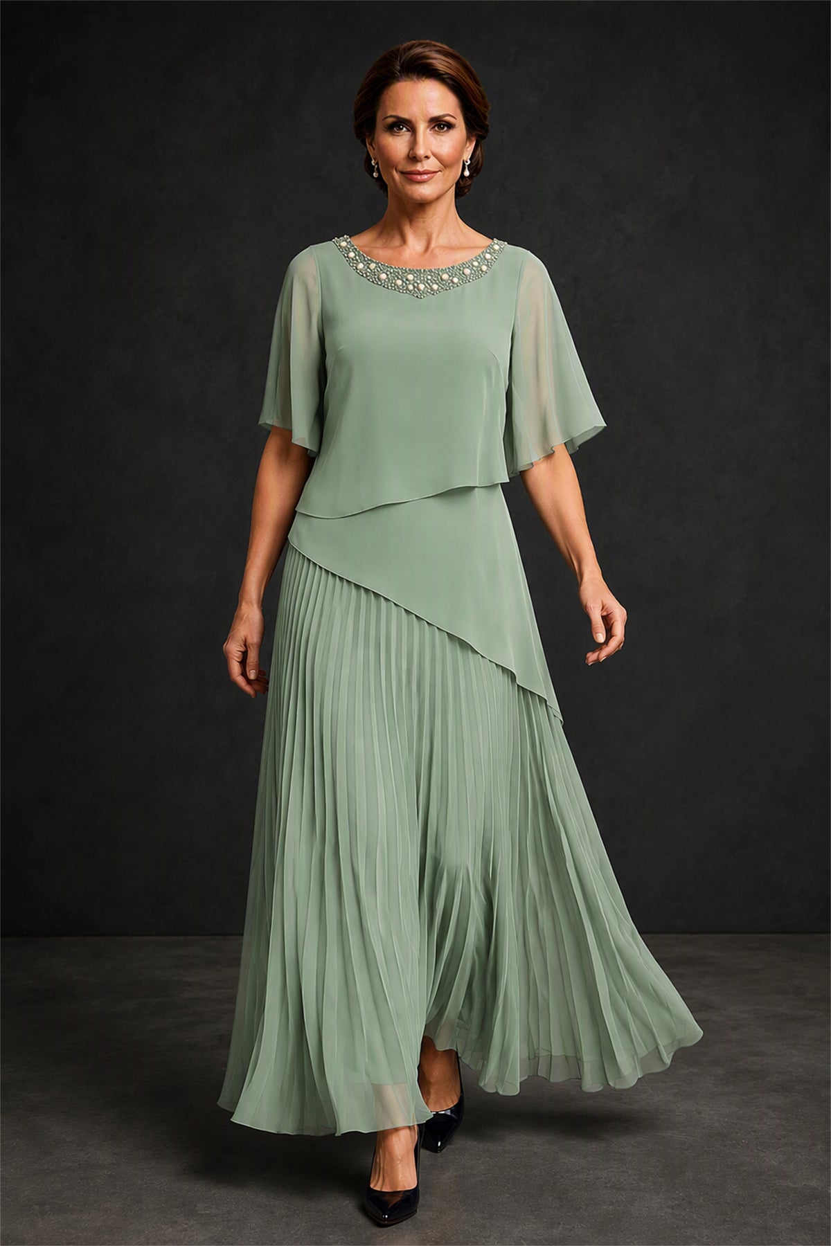 BOLODOO Sage Green Pearl Beaded Neck Asymmetric Tiered Flutter Sleeve Pleated Chiffon Maxi Dress - Sage Green