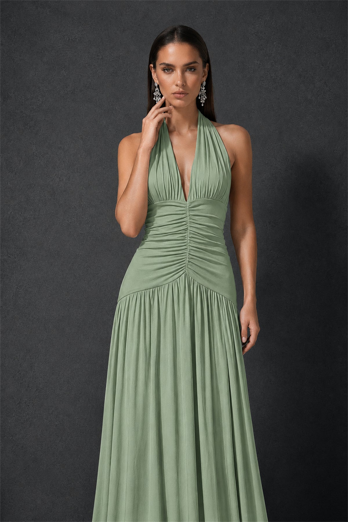 BOLODOO Sage Green Halter Deep V-Neck Ruched Chiffon Open Back Maxi Dress with Draped Neck Tie - Sage Green