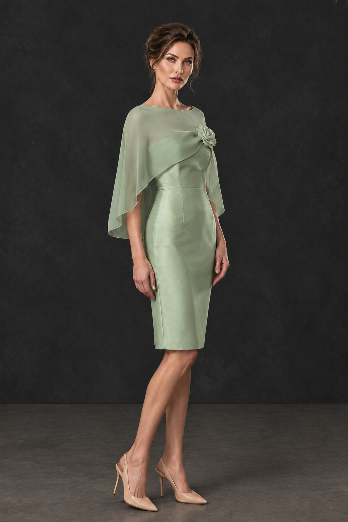 BOLODOO Sage Green Cape Knee-Length Mother of the Bride Dress - Sage Green - Sage Green (3)