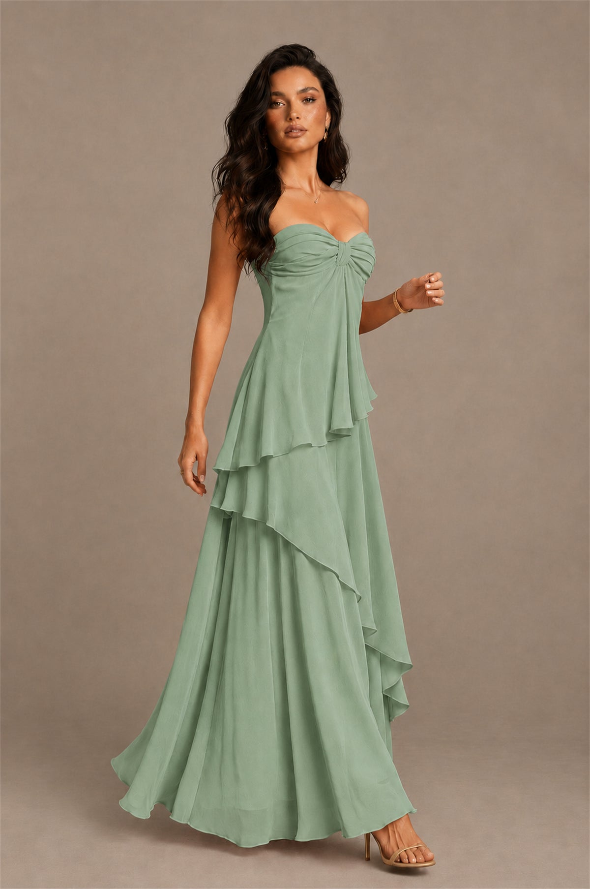BOLODOO Sage Green Strapless Sweetheart Knotted Chiffon Tiered Maxi Dress with Lace-Up Back - Sage Green