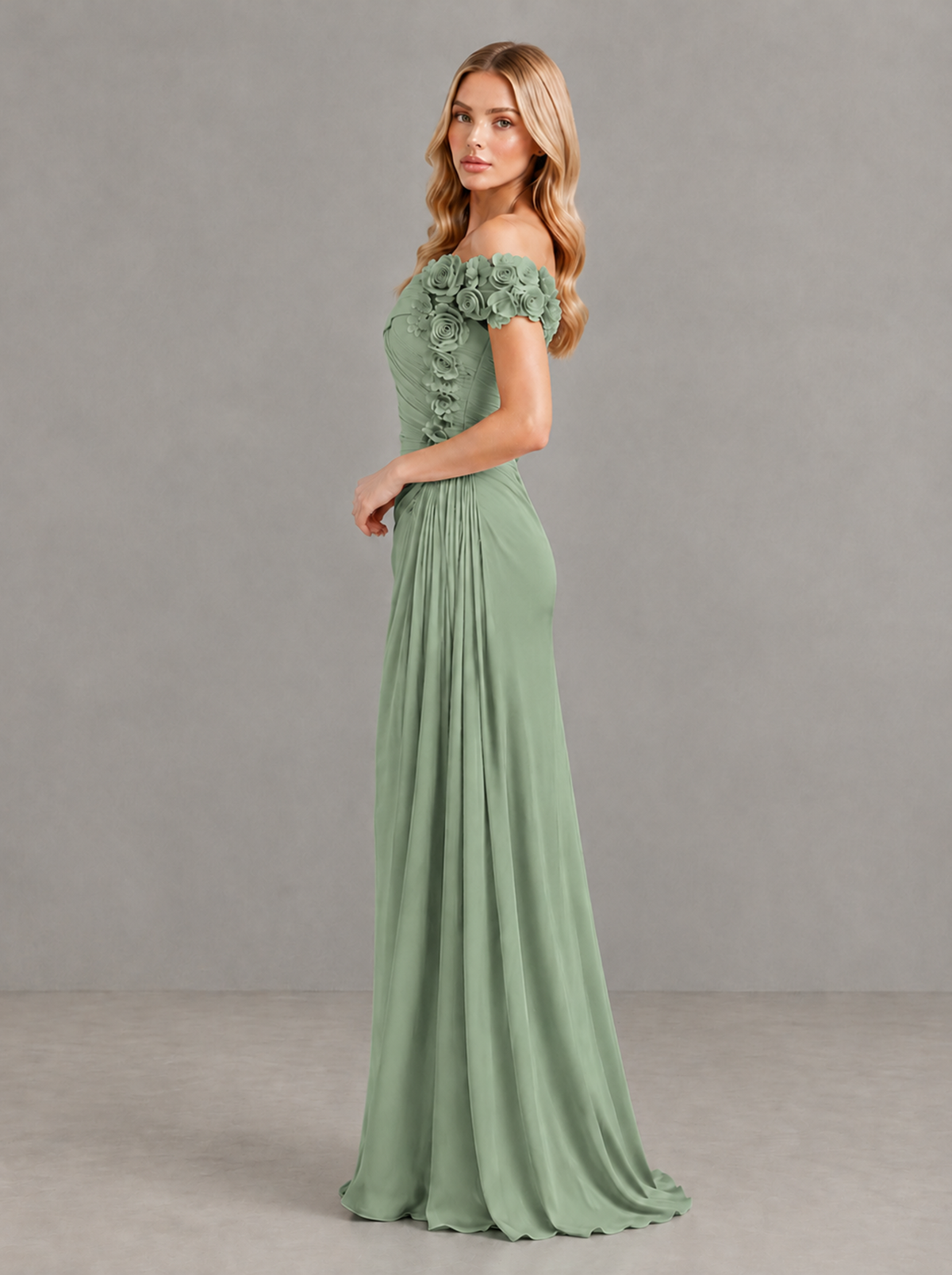 BOLODOO Sage Green Off-Shoulder Floral Applique Wedding Guest Maxi Dress - Sage Green - Sage Green (3)