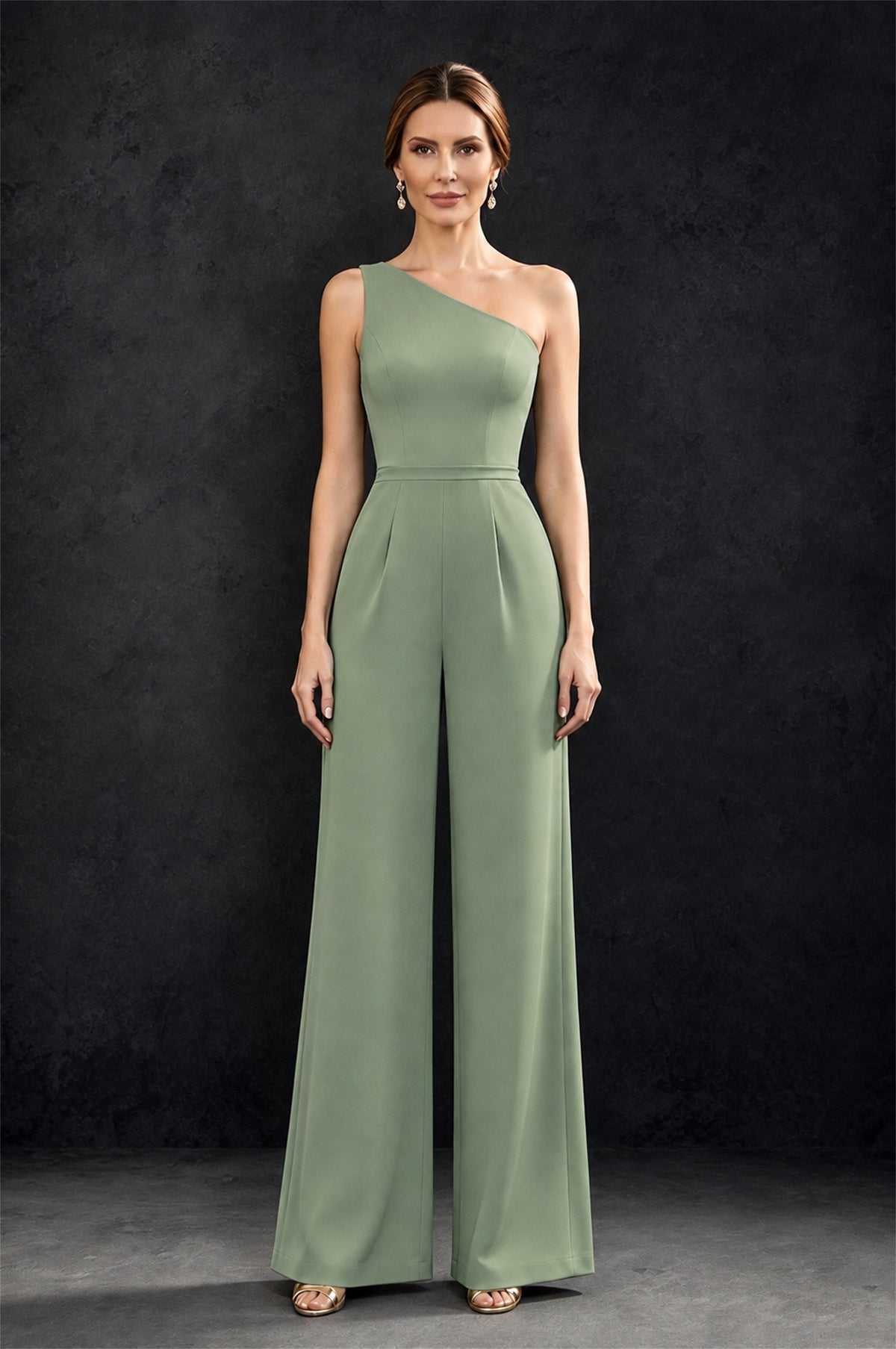 BOLODOO Sage Green 2-Piece Set: Off-Shoulder 3D Floral Cape Gown & One-Shoulder Wide-Leg Jumpsuit | BD0373 - Sage Green