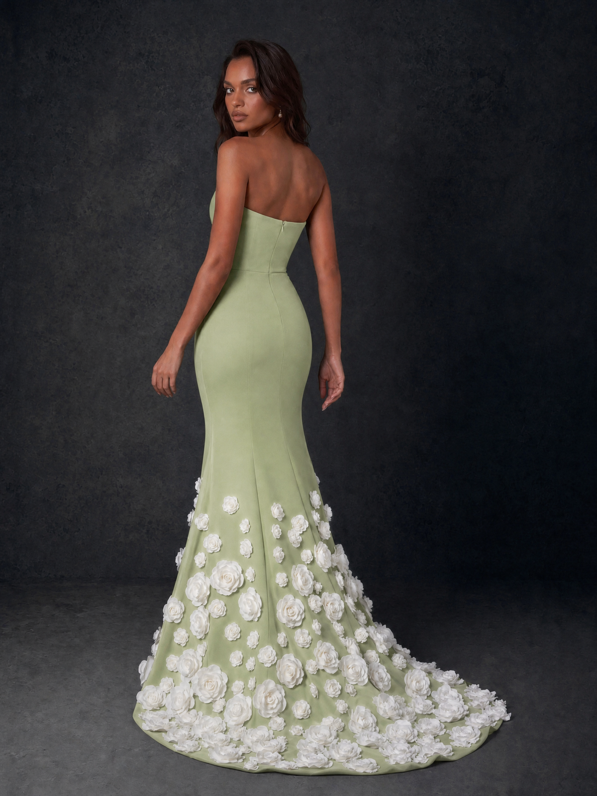 BOLODOO Sage Green Sweetheart Strapless Crepe Mermaid Gown with Sage Green 3D Rose Floral Appliqué Skirt and Open Back - Sage Green