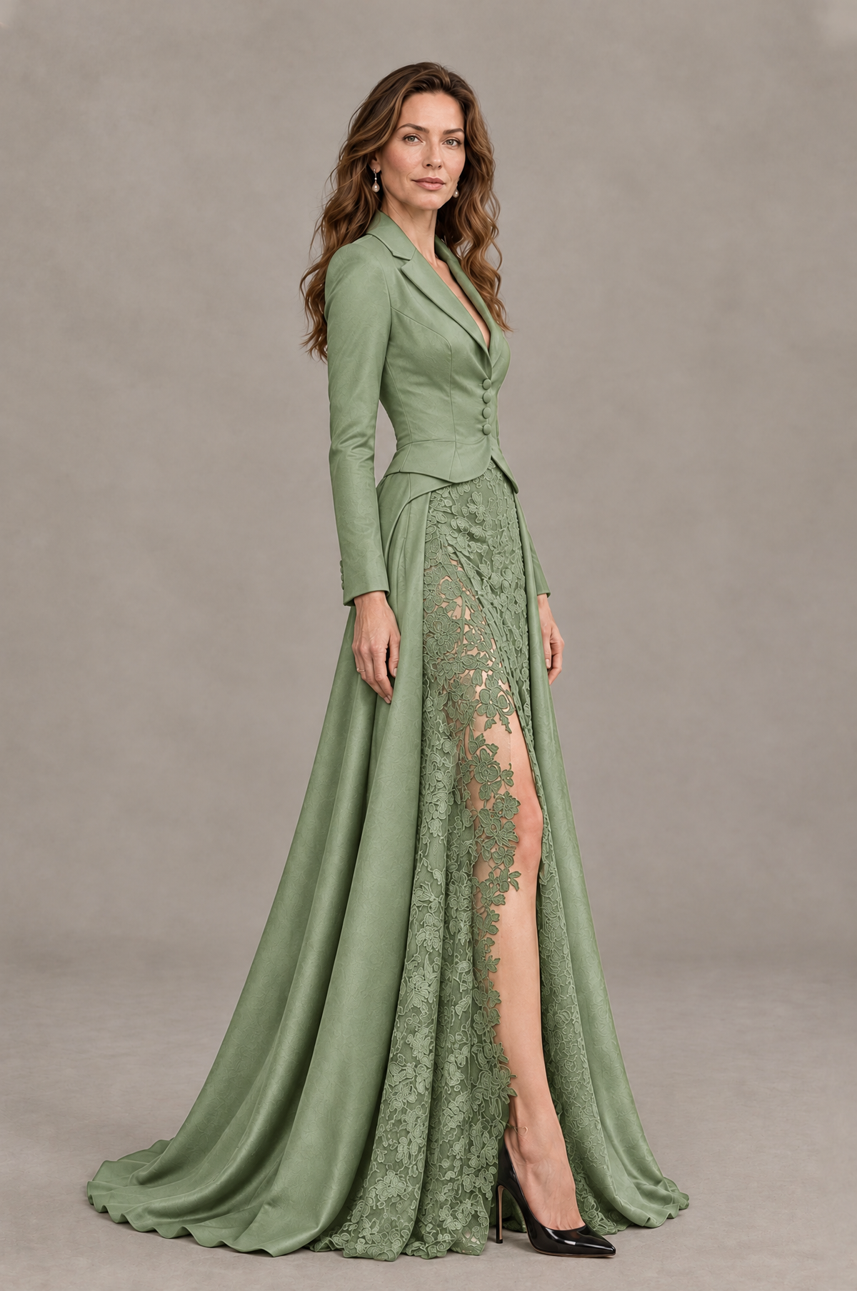 BOLODOO Sage Green Long Sleeve Lace Blazer Gown with High Slit - Sage Green - Sage Green (3)